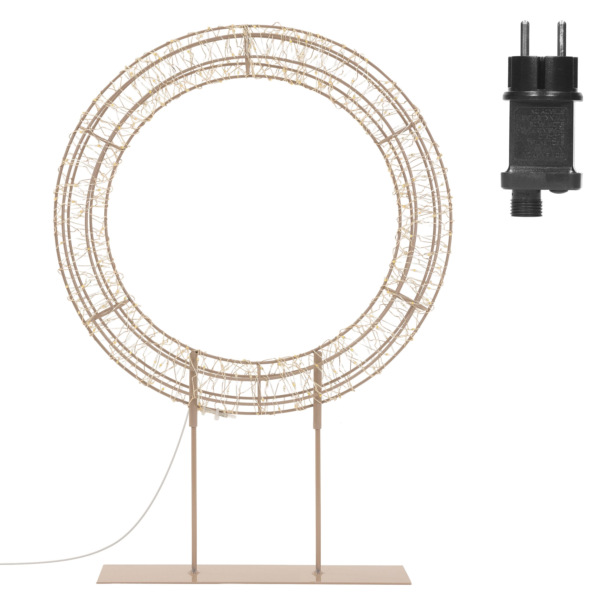 Ein großer runder Metall-Lichtkranz mit Ständer und separat abgebildetem Netzstecker vor weißem Hintergrund.
