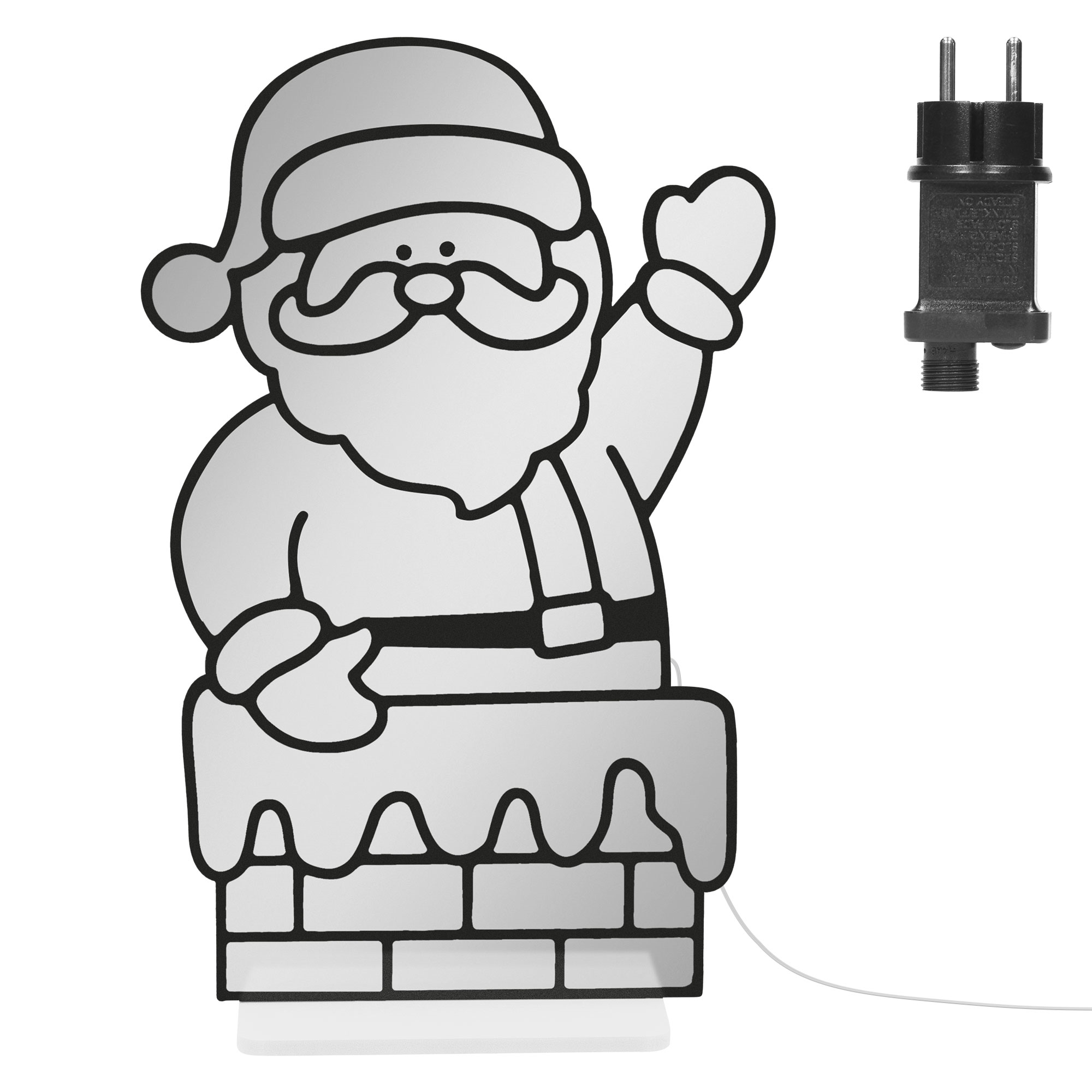 Leuchtender Weihnachtsmann im Schornstein mit Stromstecker.