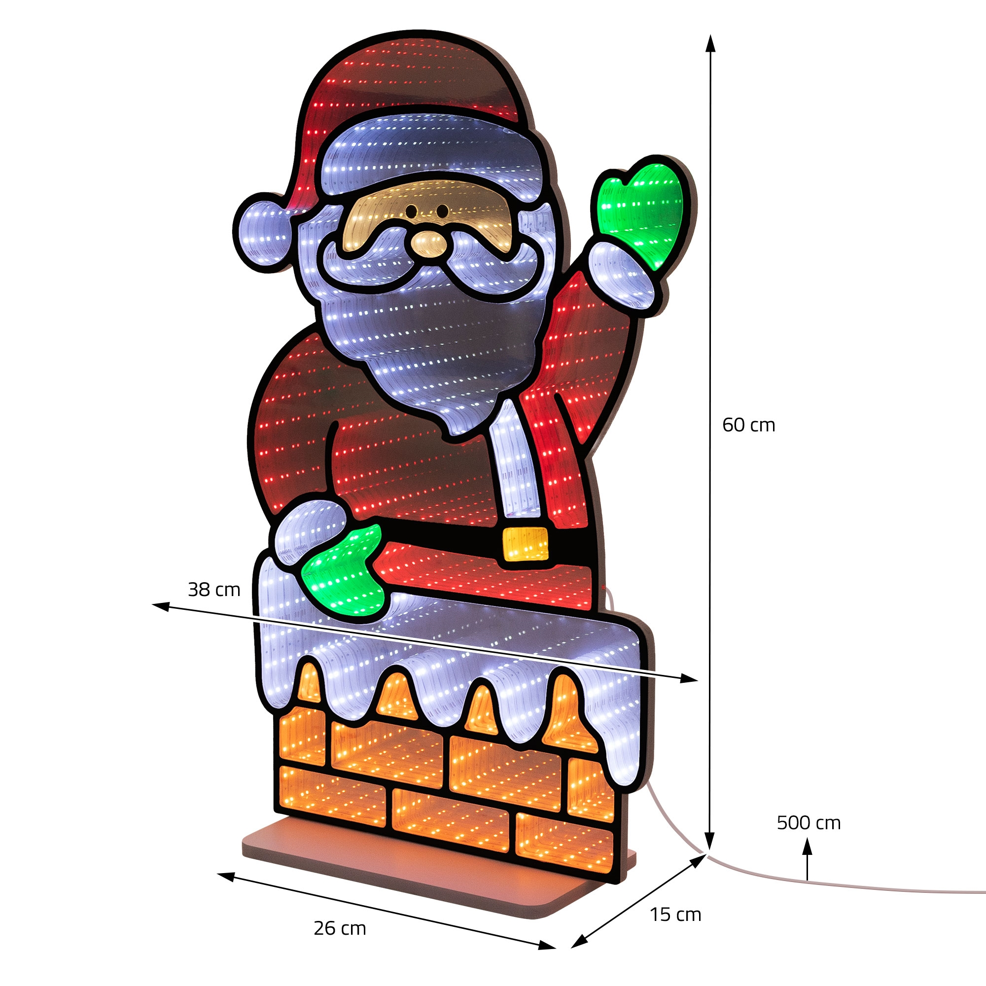 LED-Weihnachtsmann-Figur auf einem Kamin mit Maßen in cm.
