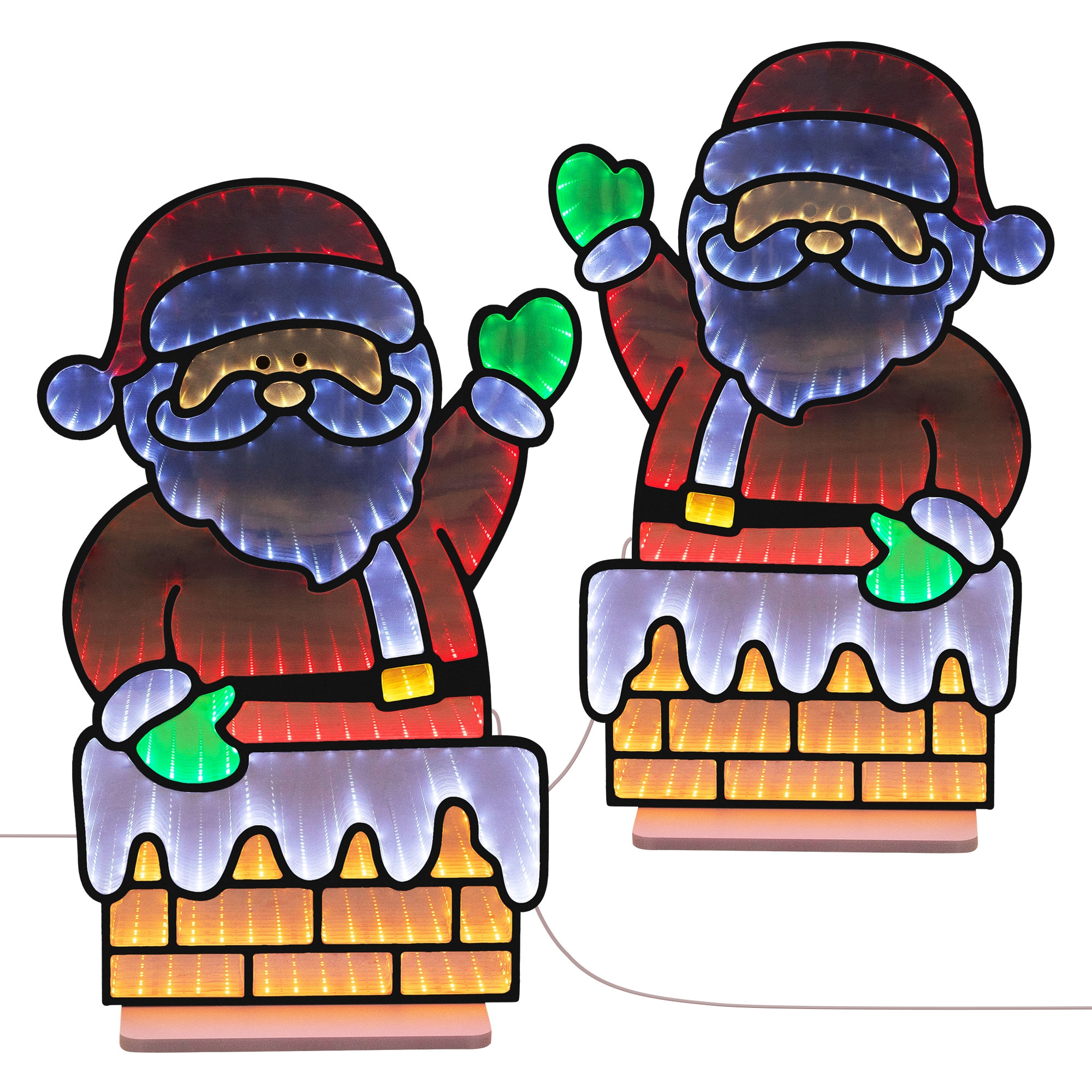 Zwei beleuchtete Weihnachtsmann-Figuren schauen aus roten Backsteinkaminen und winken.