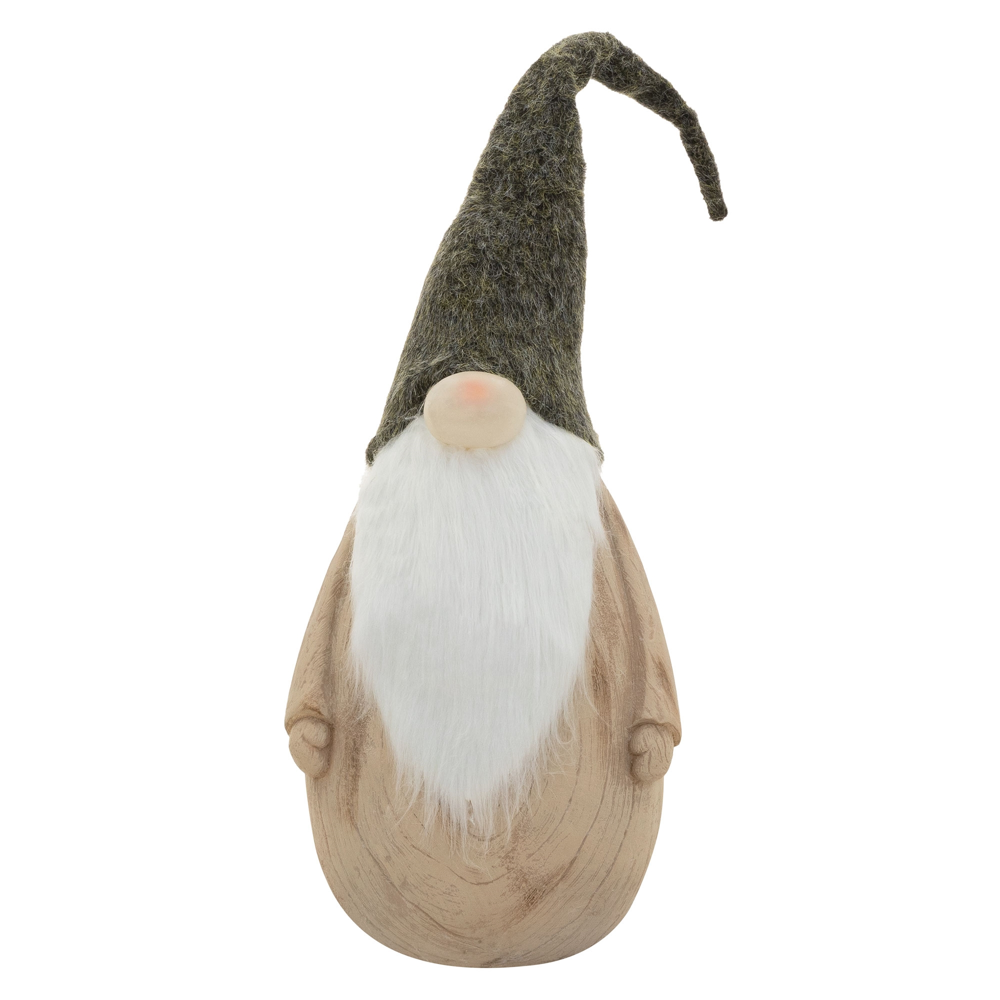 Eine dekorative Holzwichtelfigur mit langem weißem Bart und spitzem dunkelgrauem Filzhut vor weißem Hintergrund.