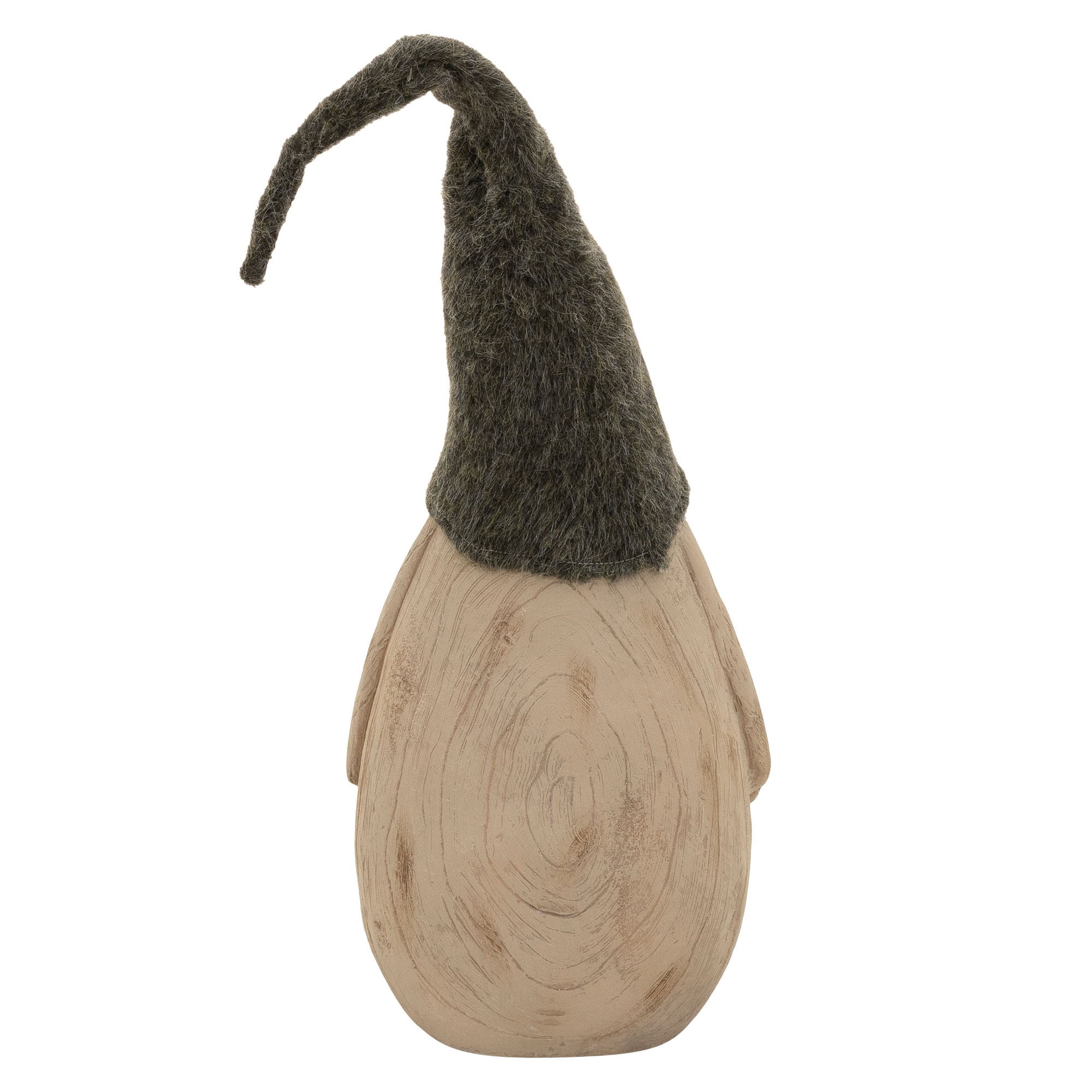 Eine hölzerne Wichtelfigur mit strukturiertem, beigen Körper und langer, herabhängender dunkelgrauer Filzmütze.
