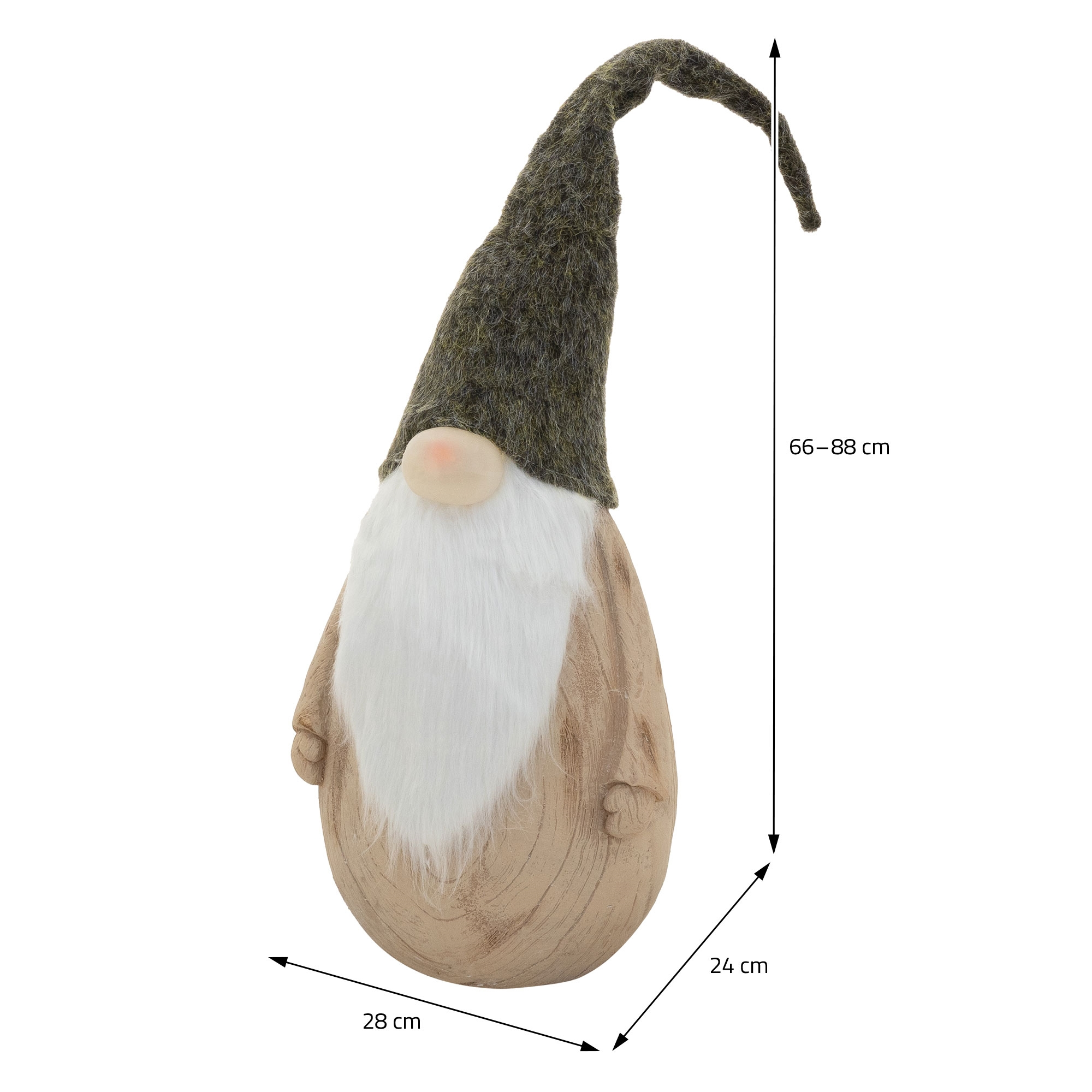 Holzfigur eines Wichtels mit langem grauem Filzhut und weißem Bart, Maße 66-88 cm Höhe, 28 cm Breite, 24 cm Tiefe.