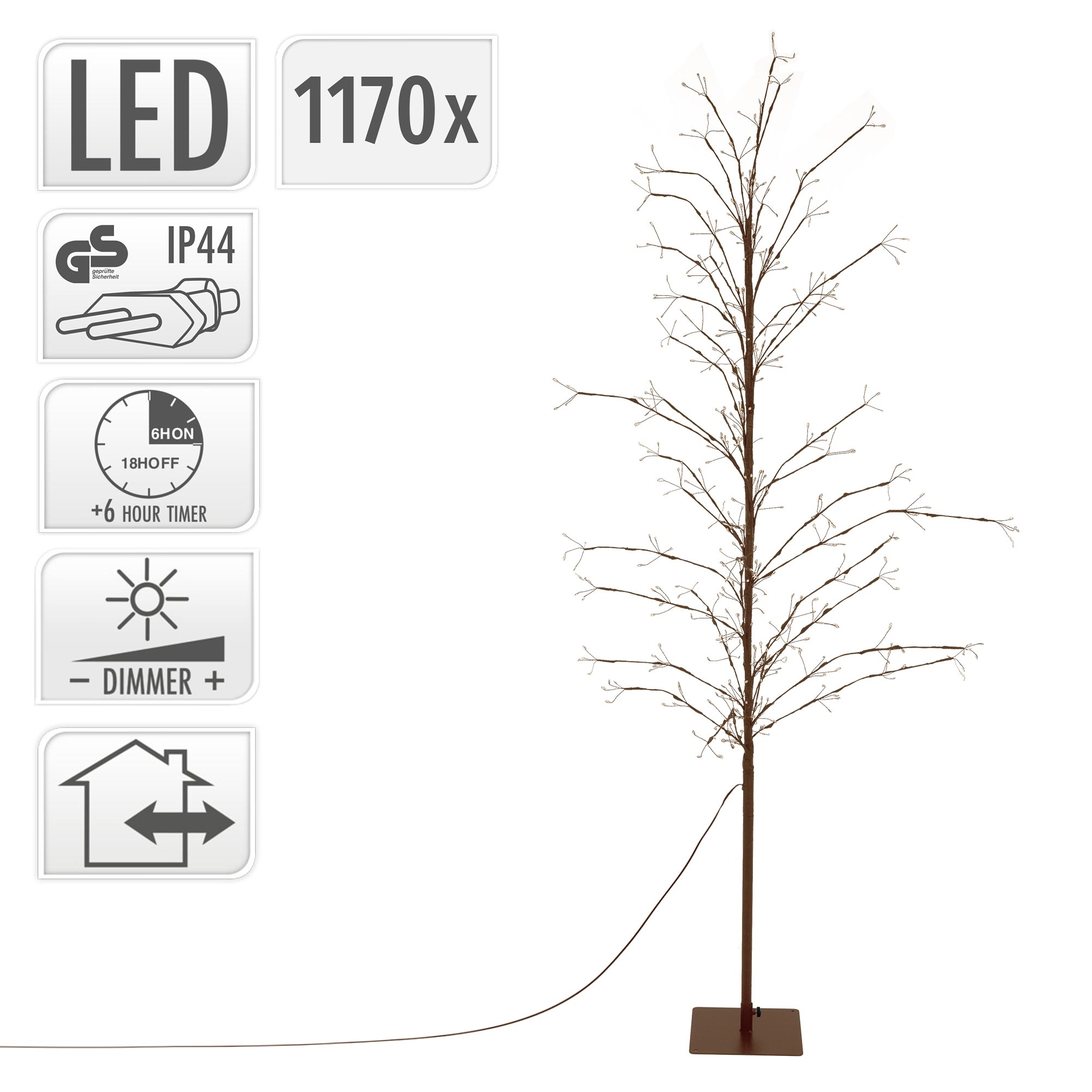 LED-Lichterbaum mit 1170 Lichtern, Timer, Dimmer und Icons für IP44, Stecker und Innen- und Außenbereich.