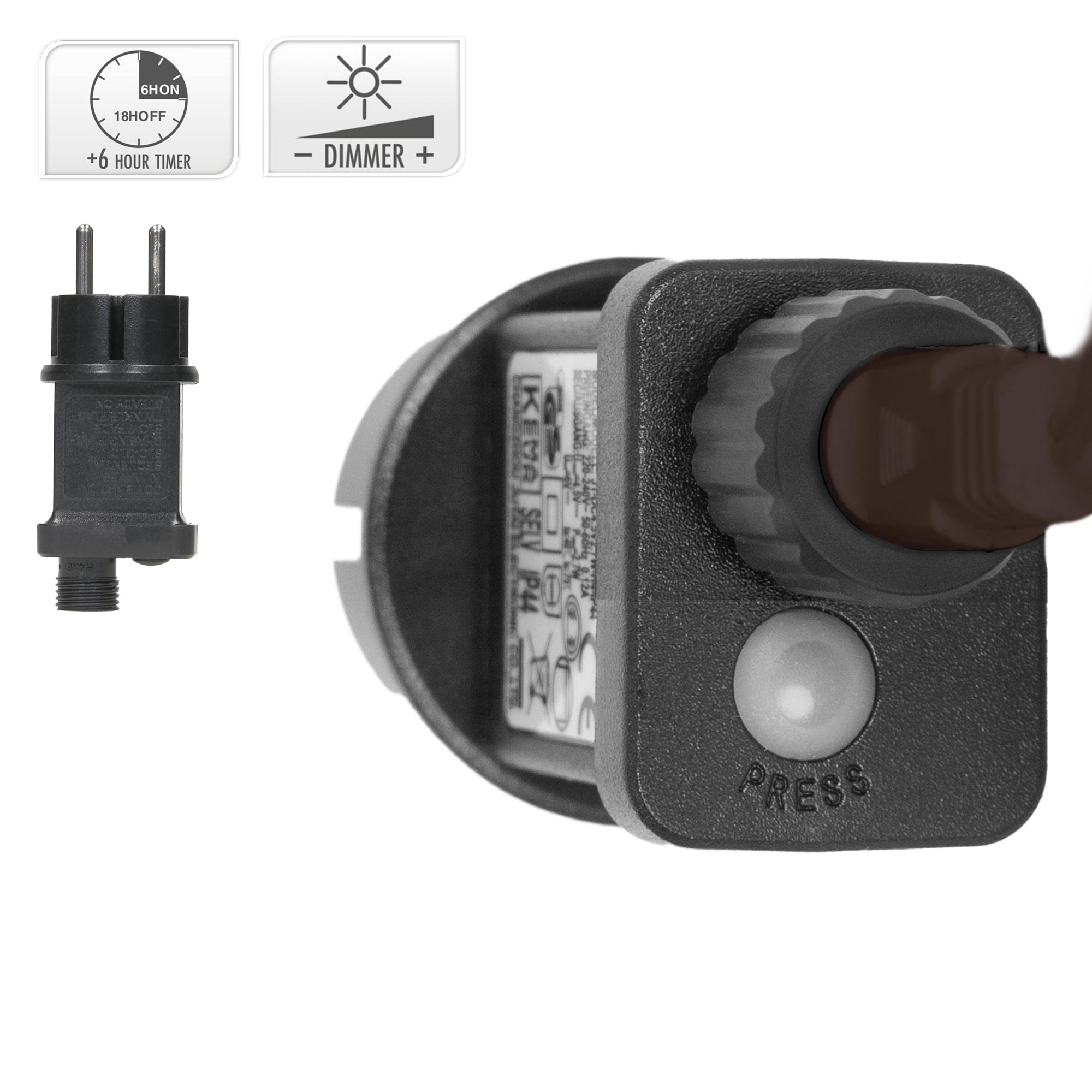 Ein schwarzes Netzteil mit Druckknopf und Euro-Stecker links, sowie Timer- und Dimmer-Symbolen.