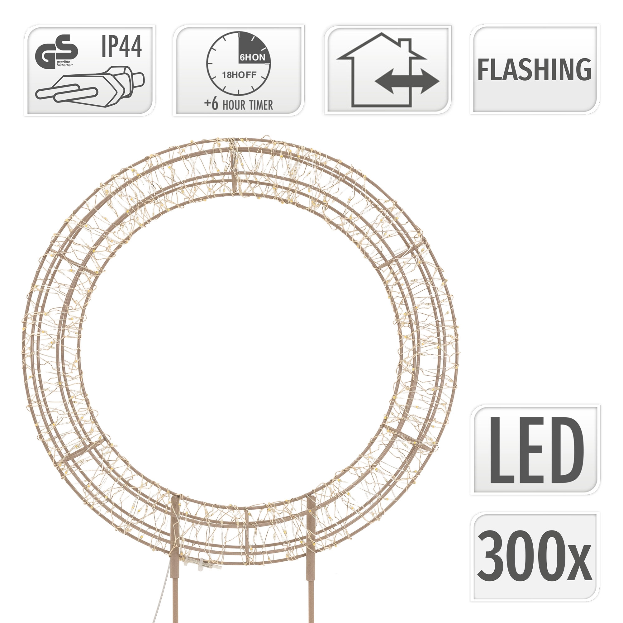 Beleuchteter Metallring mit 300 LEDs, IP44, Timer und Blinkfunktion auf weißem Grund.