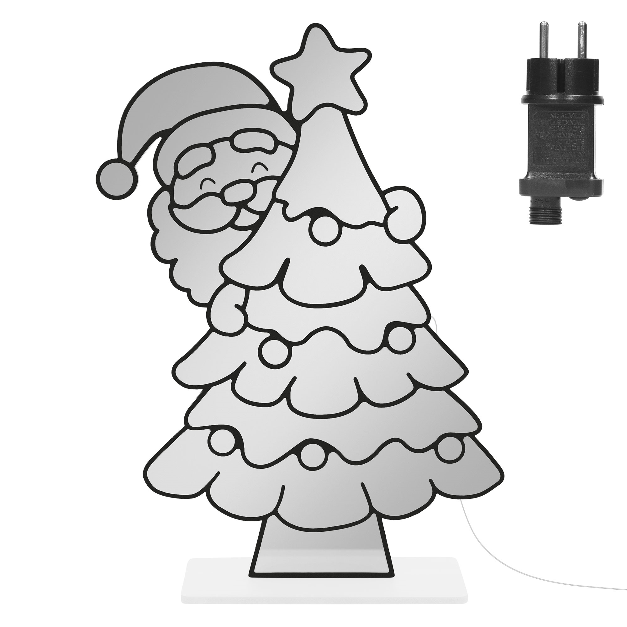 Weihnachtsmann steht hinter Weihnachtsbaum mit Stern, daneben schwarzer Stecker.