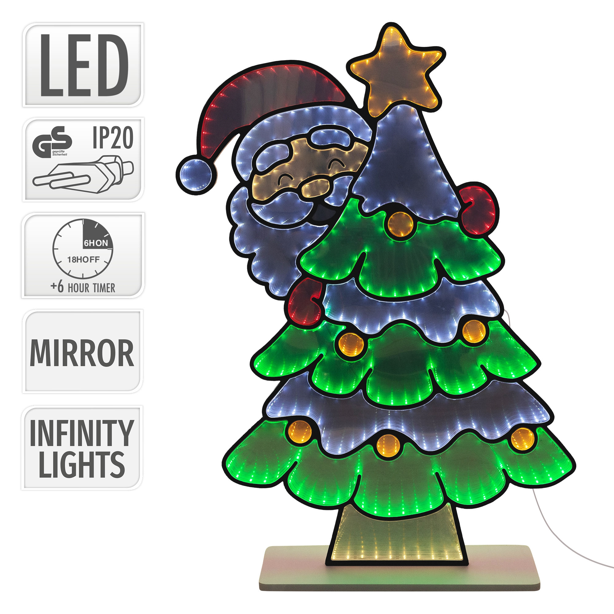 Eine LED-Weihnachtsspiegelleuchte mit Weihnachtsmann hinter einem leuchtenden Baum mit Infinity-Lichteffekt.