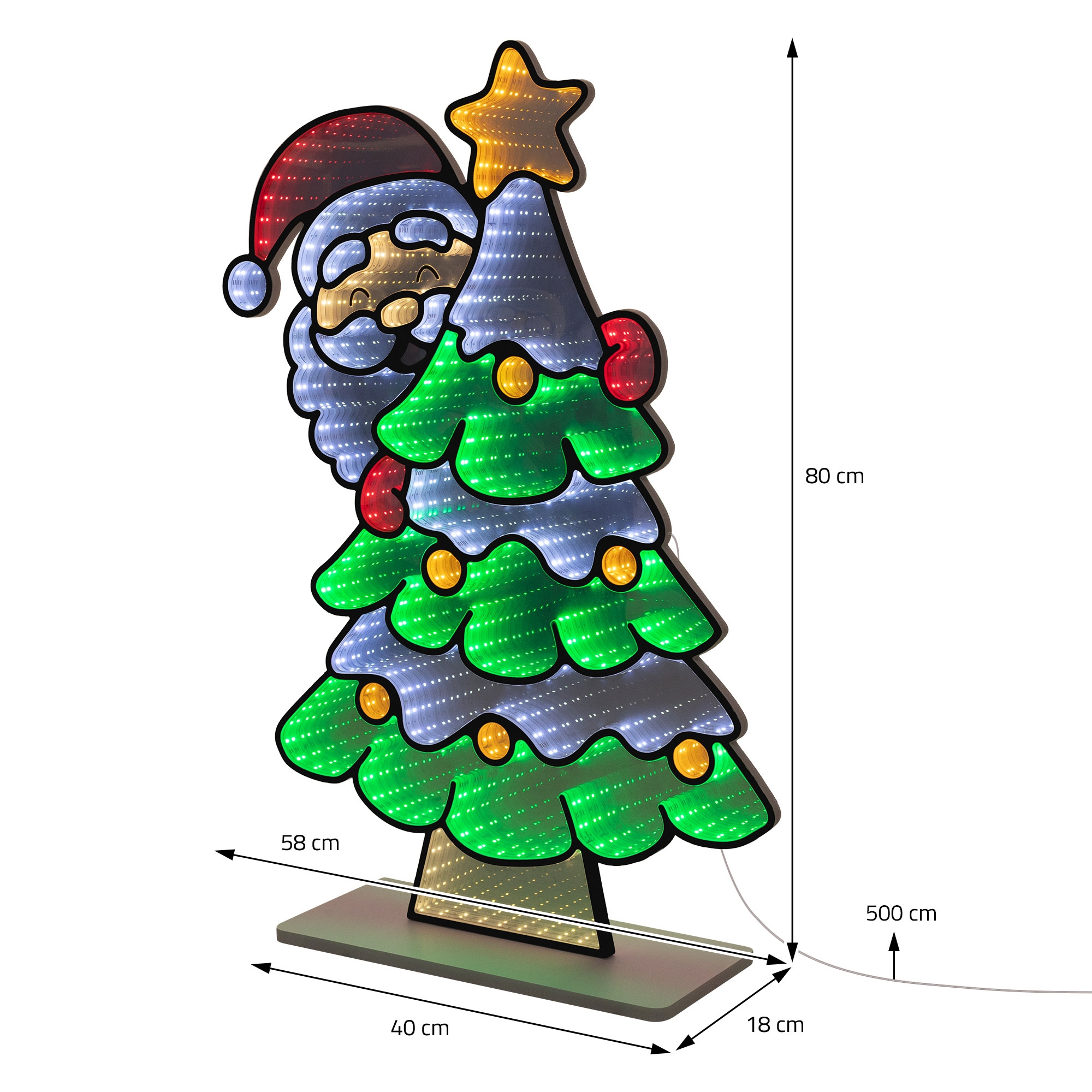 Beleuchtete LED-Weihnachtsfigur mit Weihnachtsmann und Tannenbaum auf einem Sockel, inklusive Maßangaben.