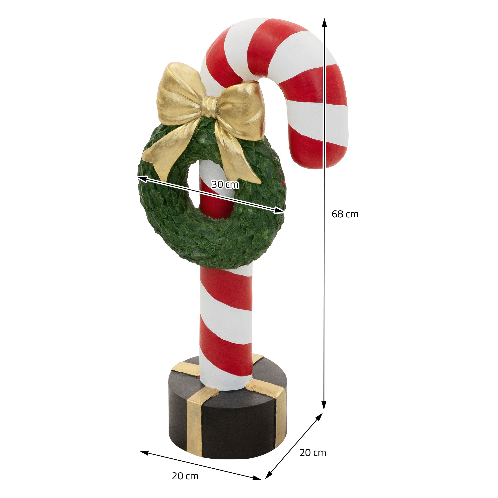 Rot-weiße Zuckerstange mit grünem Kranz, goldener Schleife und Geschenkbasis, Maße 68x30x20 cm.