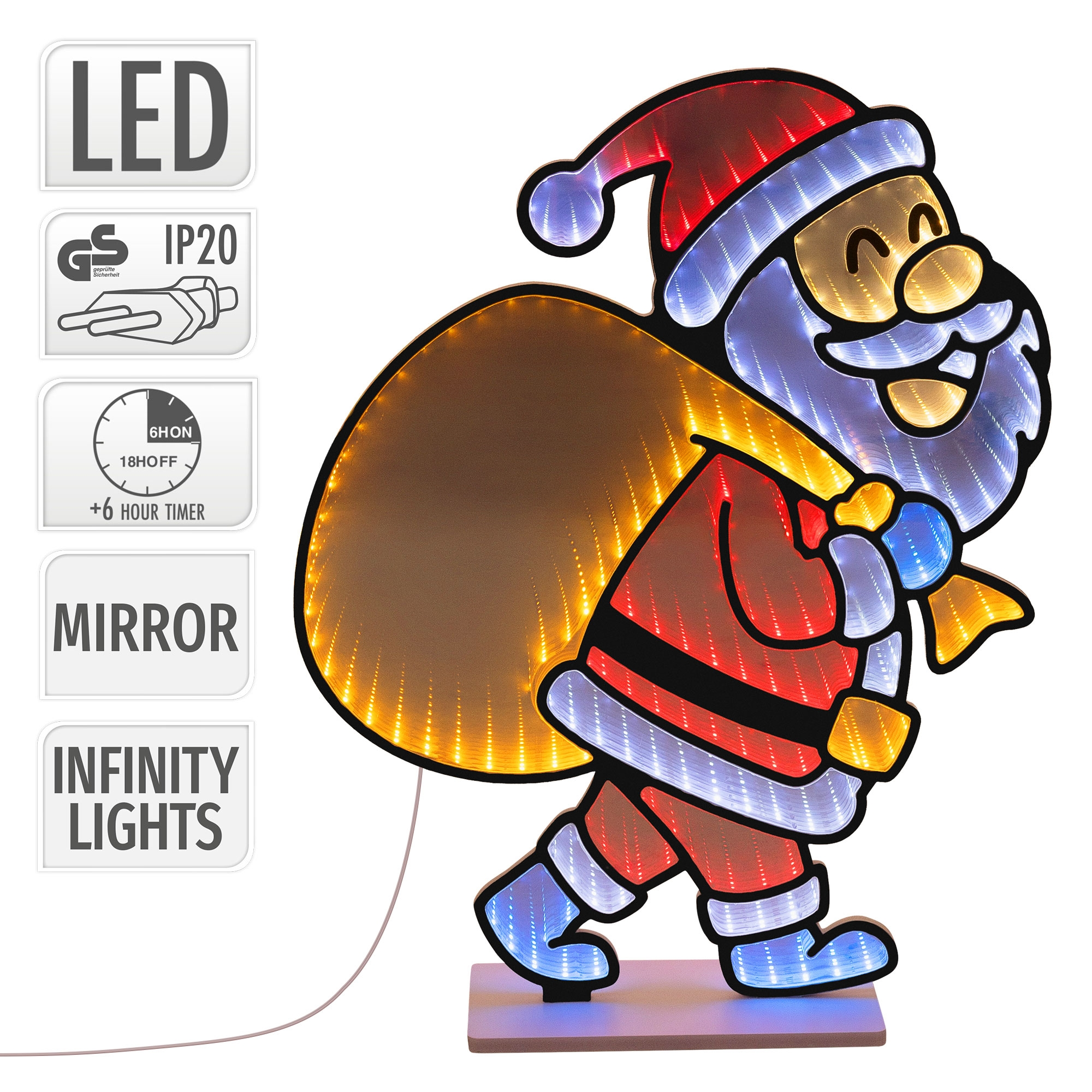 Beleuchtete LED-Weihnachtsmann-Figur mit Spiegel- und Infinity-Lichteffekt, die einen großen Sack trägt.
