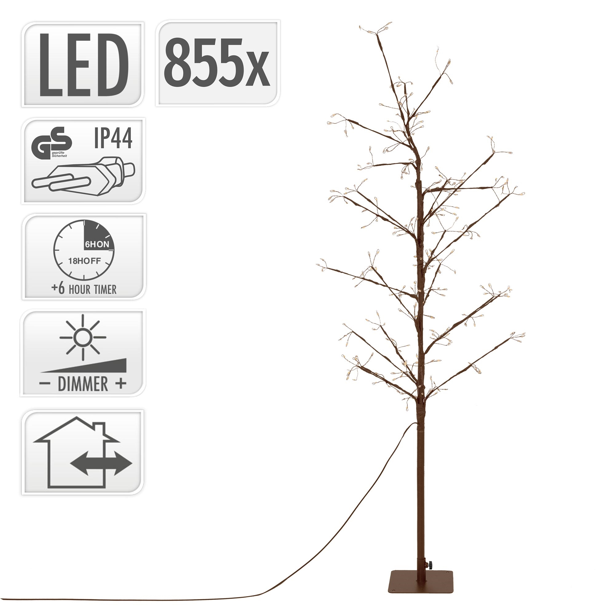 Beleuchteter brauner LED-Baum mit 855 Lichtern, Timer und Dimmer auf weißem Hintergrund mit Symbolen.