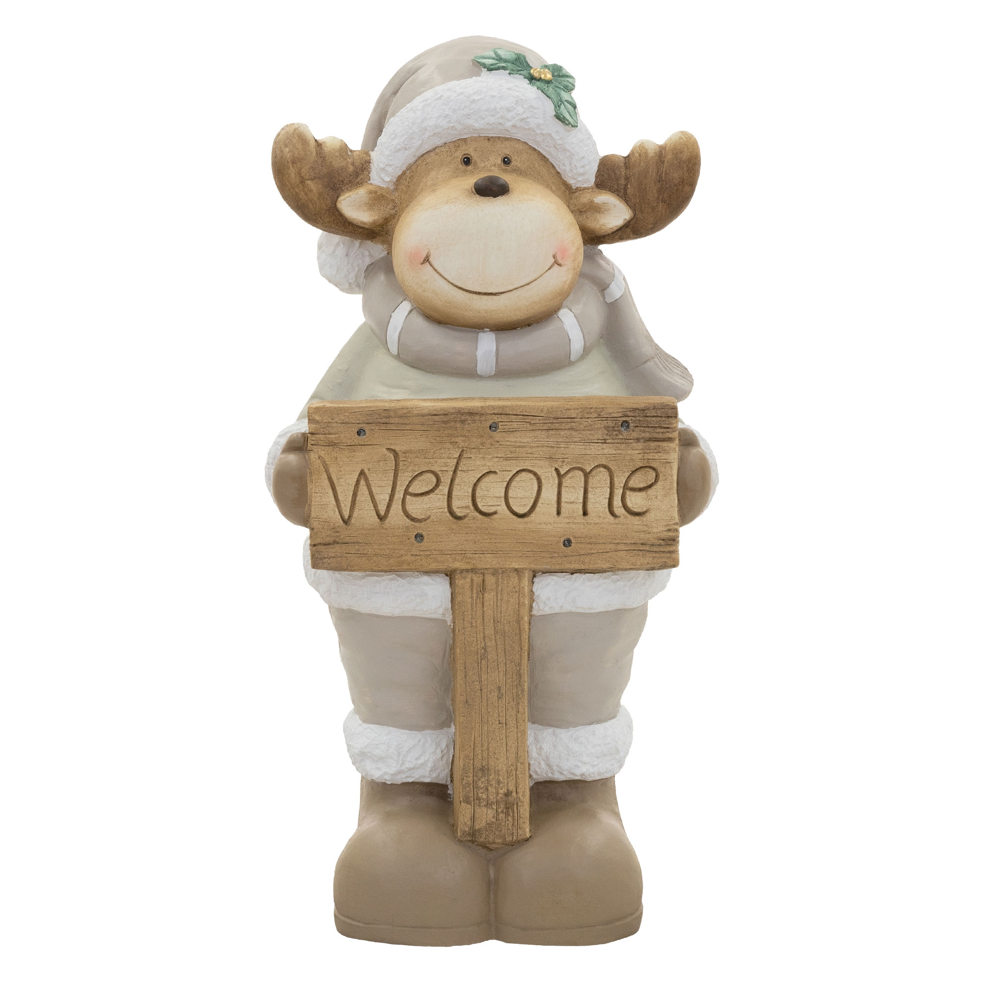 Eine Elchfigur in Winterkleidung hält ein Holzschild mit der Aufschrift Willkommen.