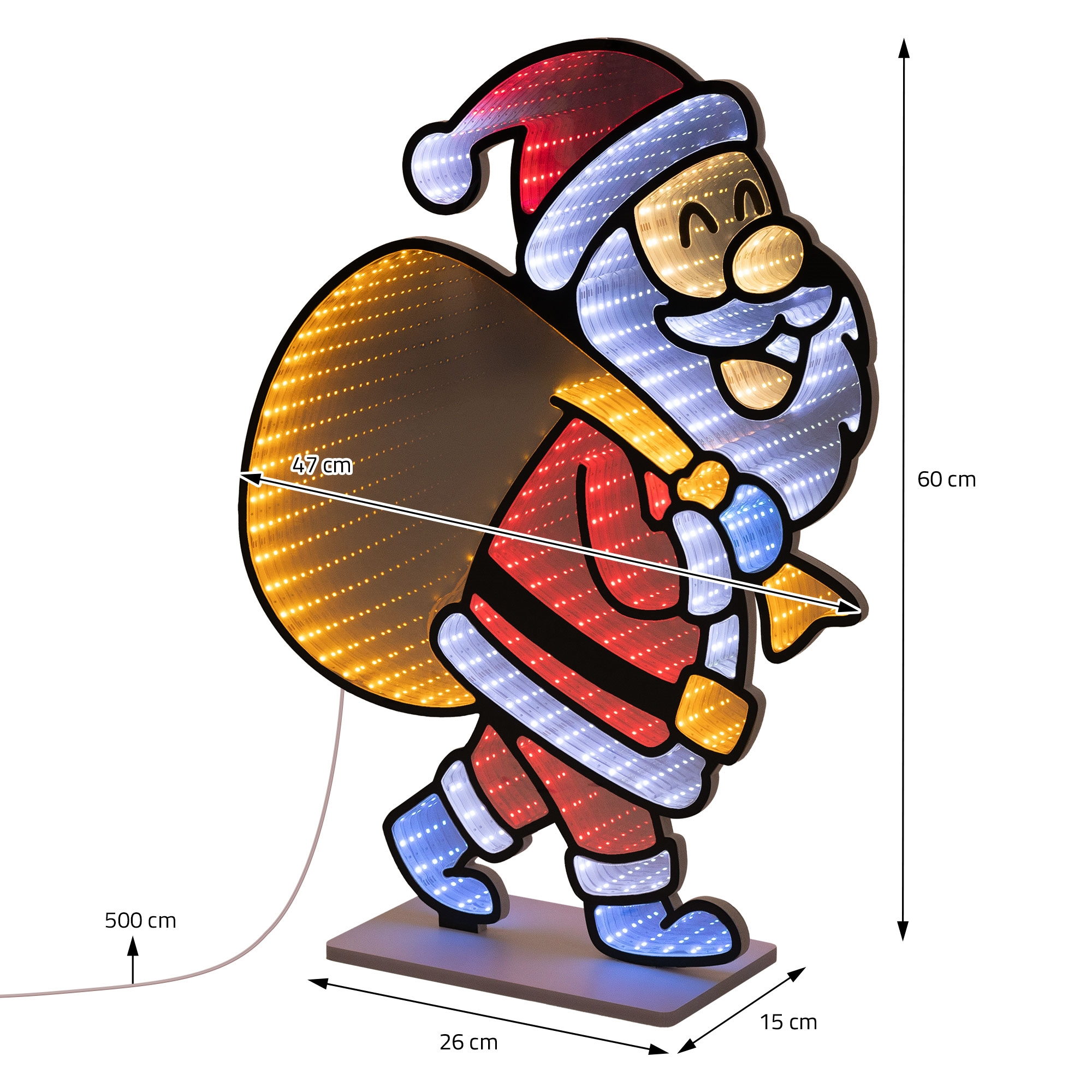 LED-Weihnachtsmann-Figur mit Maßen auf weißem Hintergrund.