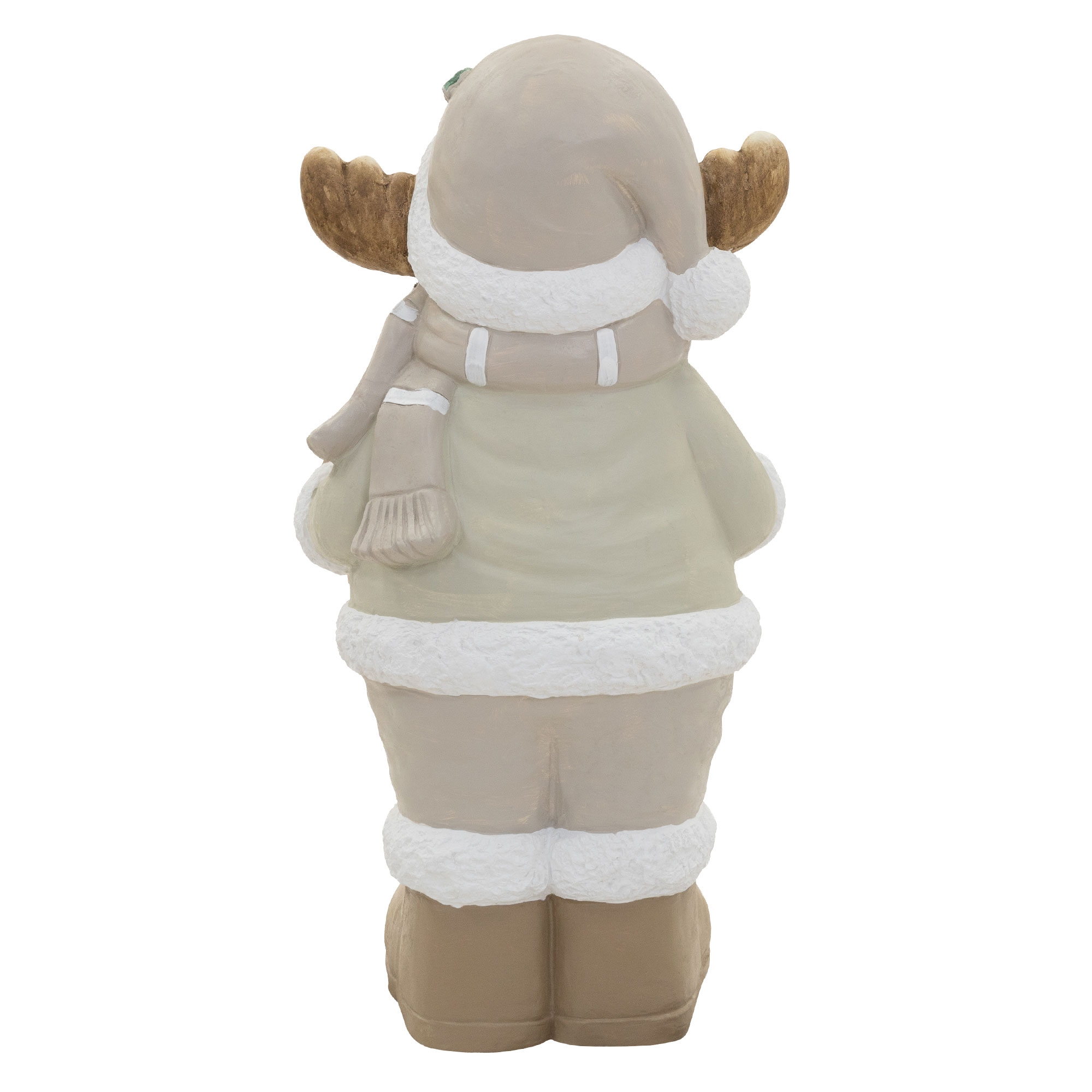Rückansicht einer Rentier-Figur mit grauem Hut, Schal, Mantel und braunen Stiefeln.