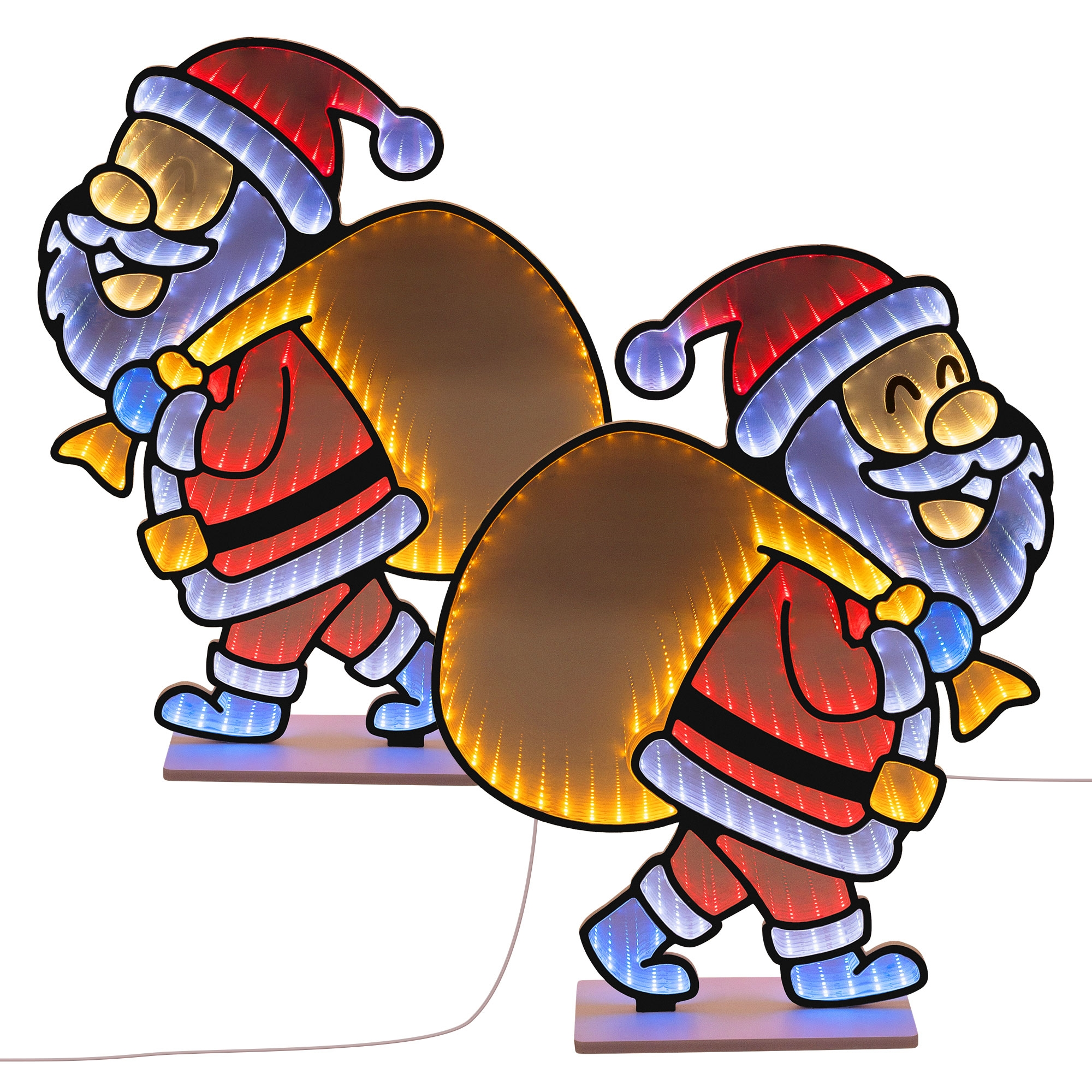 Zwei beleuchtete Weihnachtsfiguren vom Weihnachtsmann mit großen goldenen Säcken.