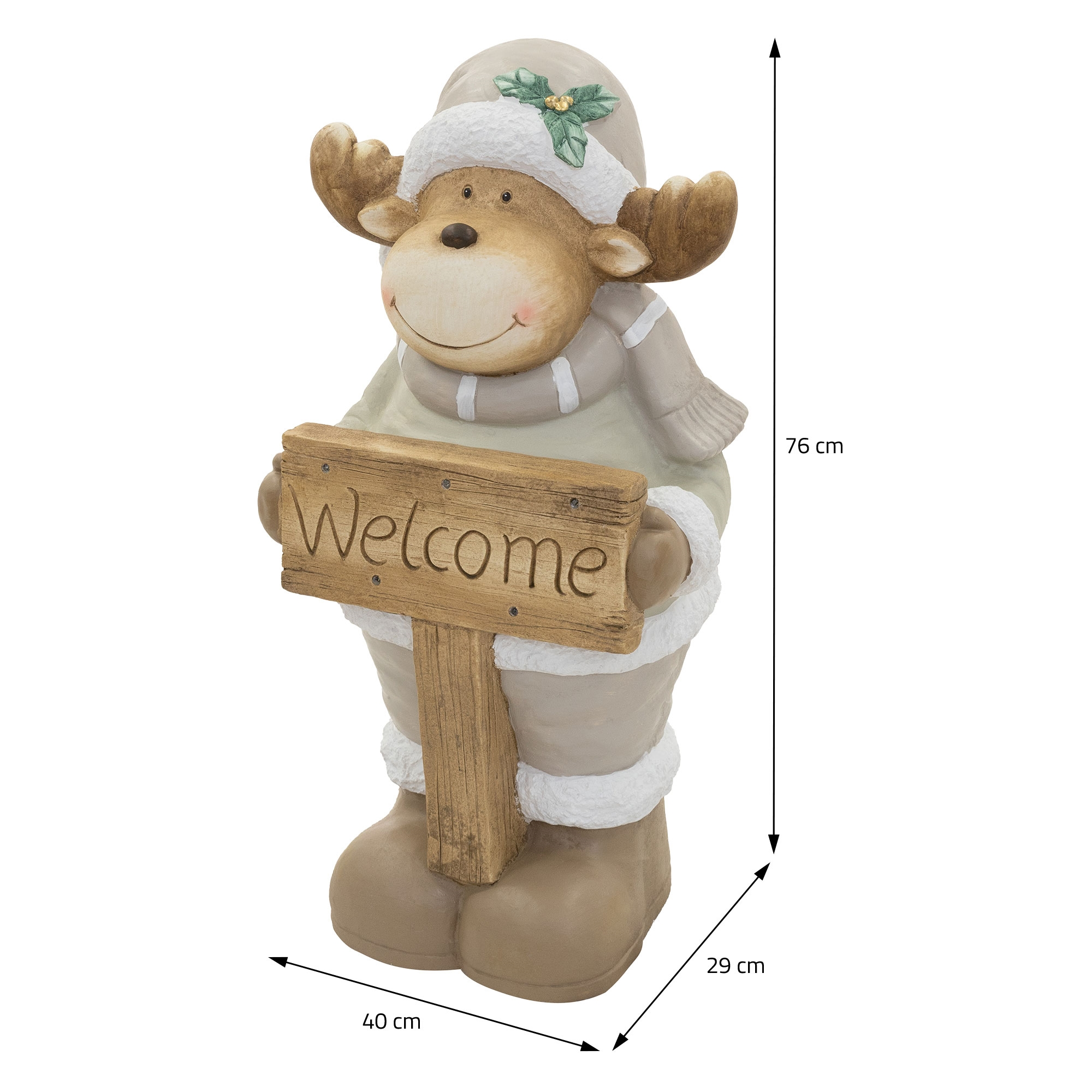 Weihnachtliches Rentier-Figur mit Willkommensschild und Maßen von 76x40x29 cm.