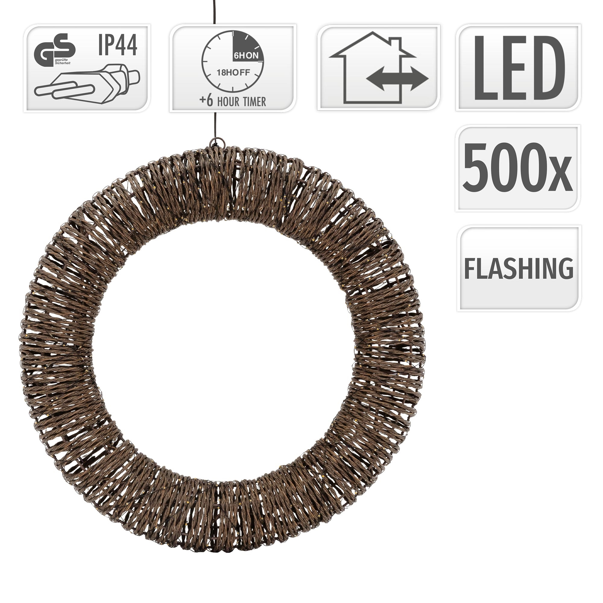 Ein brauner Rattankranz mit LED-Lichtern, Timer und IP44-Zertifizierung.