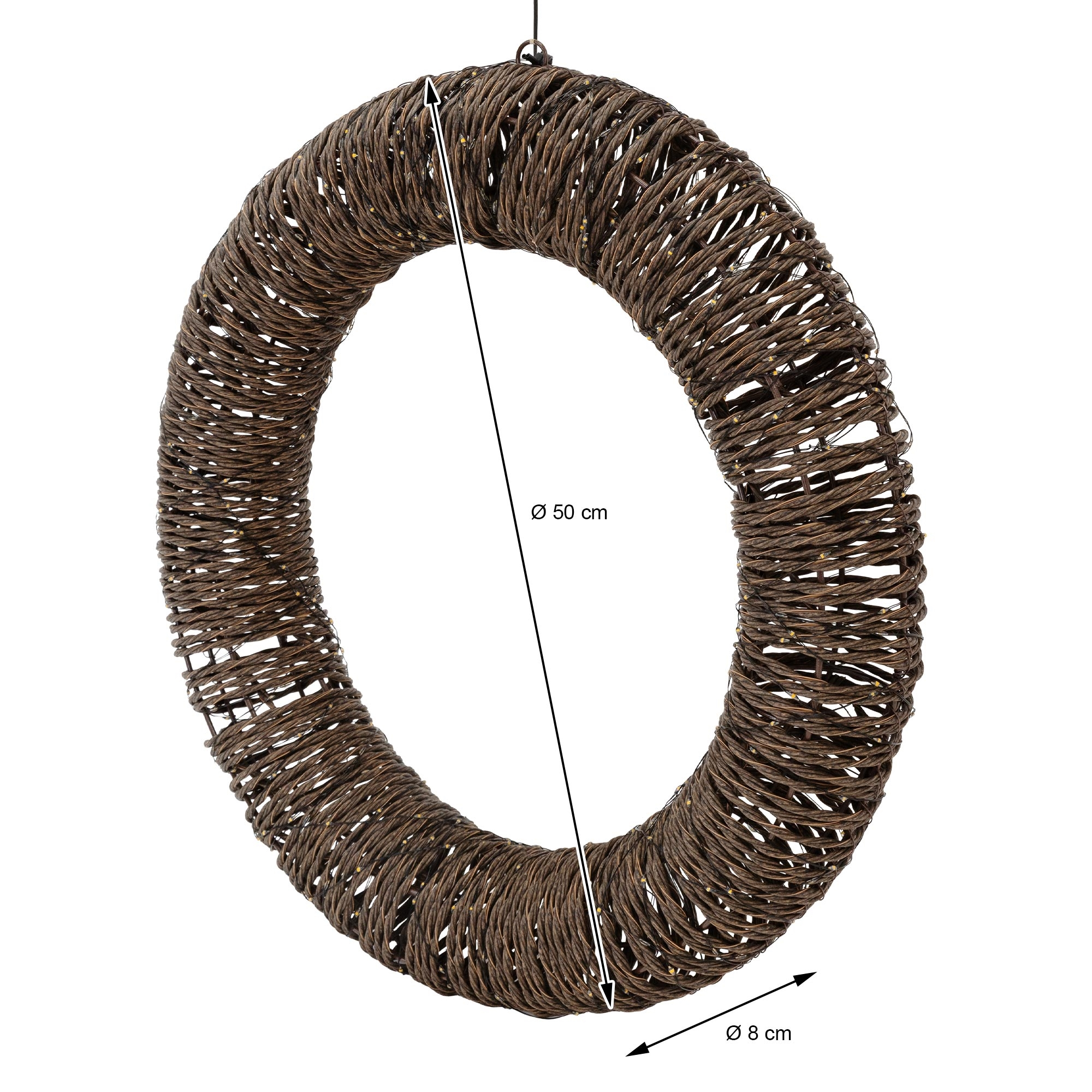 Ein brauner Rattankranz mit Maßpfeilen für 50 cm Durchmesser und 8 cm Dicke.