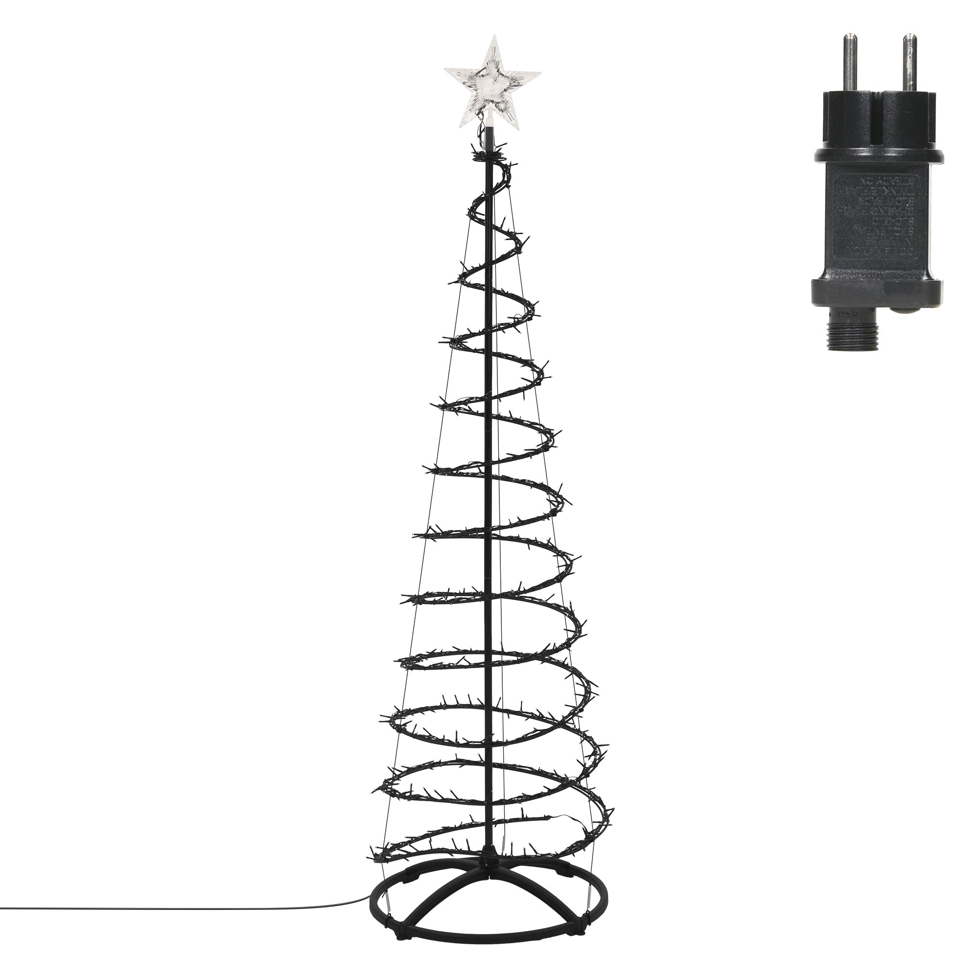Spiral-Weihnachtsbaum mit Lichtern, Sternspitze und schwarzem Stecker auf weißem Grund.