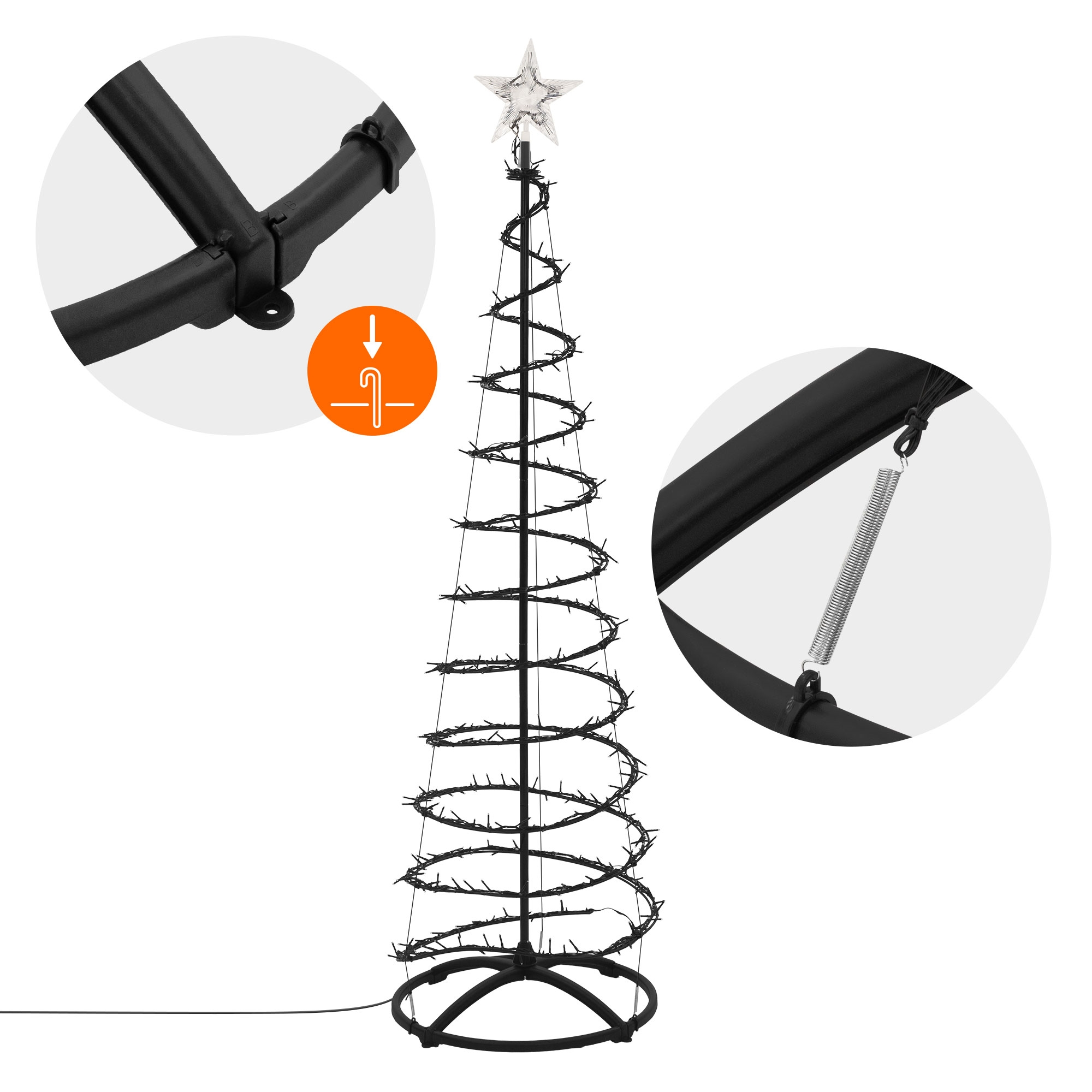 Spiral-Weihnachtsbaum mit Sternspitze, runder Basis und Detailaufnahmen von Verbindungen.