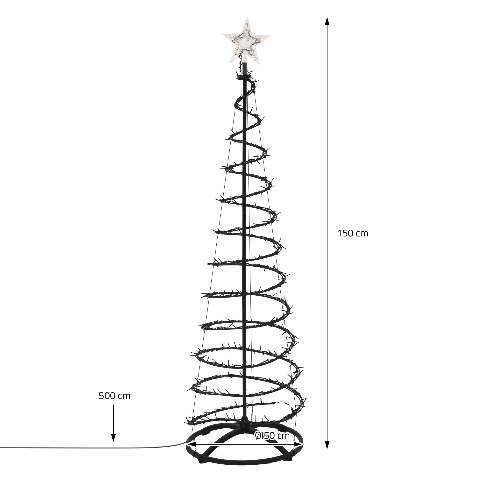 Ein spiralförmiger Weihnachtsbaum aus Metall mit Lichtern, einer Sternspitze und Maßangaben auf weißem Hintergrund.