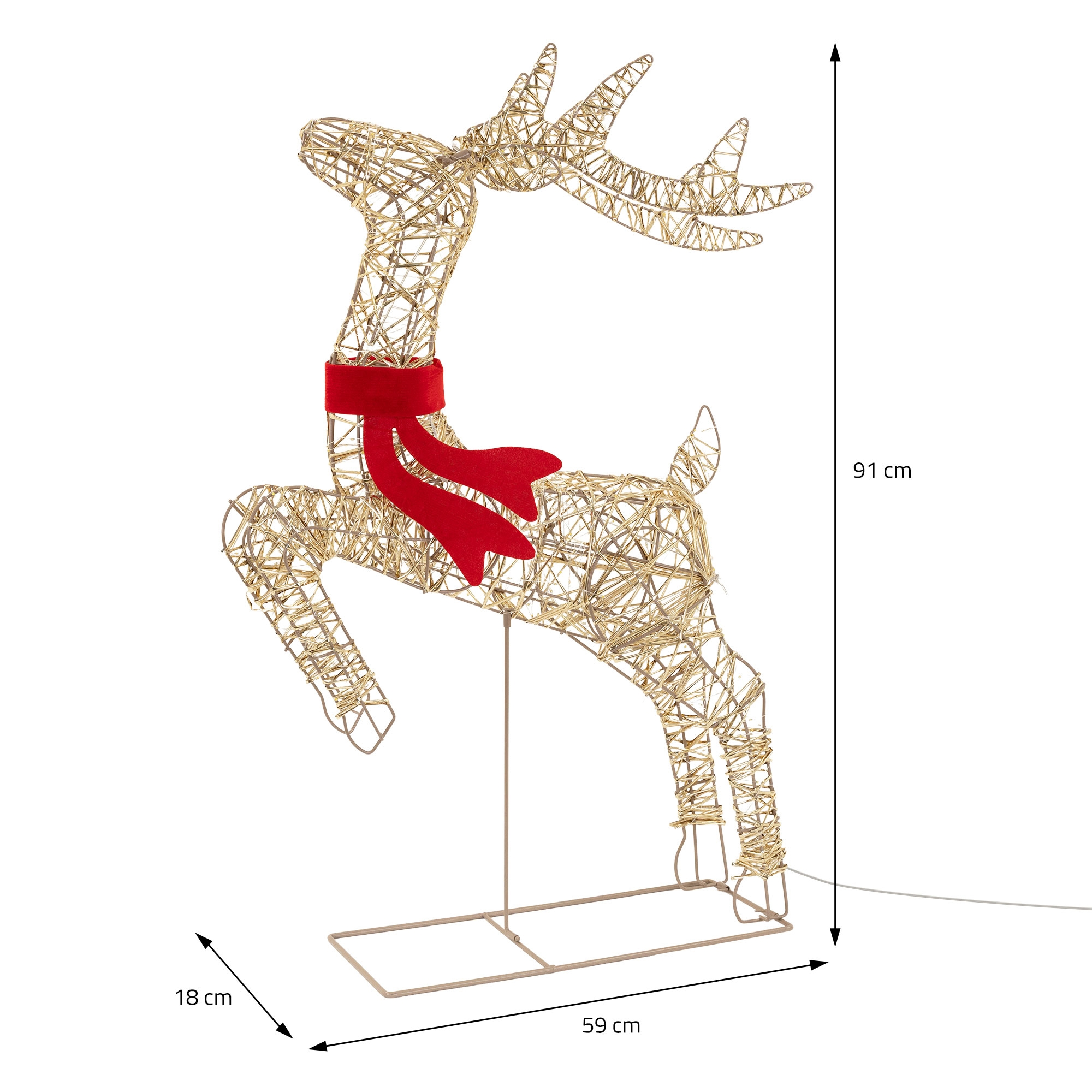 Goldfarbene Rentiere-Weihnachtsfigur mit rotem Schal, 91 cm hoch, 59 cm lang, 18 cm tief.