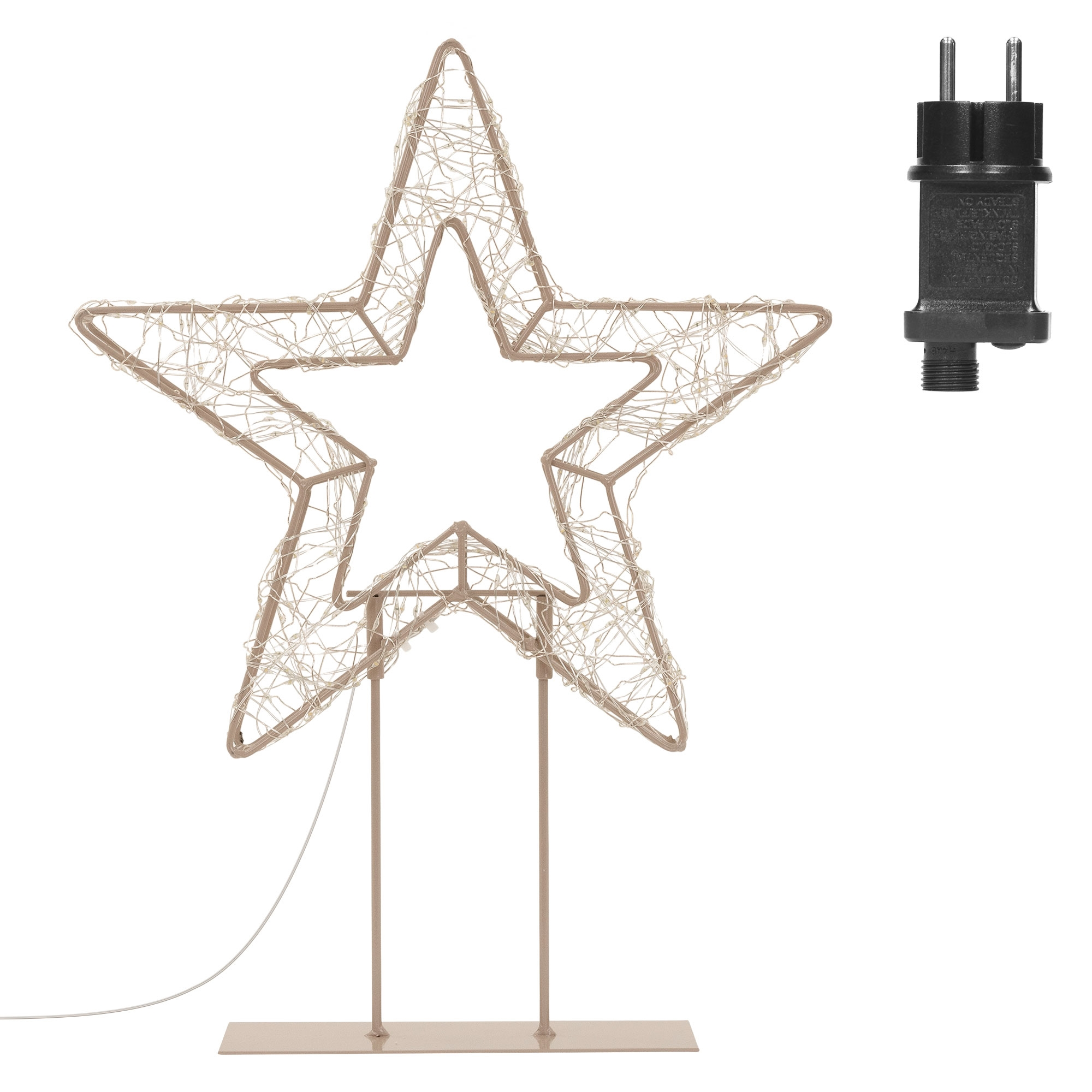 Beleuchteter Stern auf Ständern mit schwarzem Stecker.