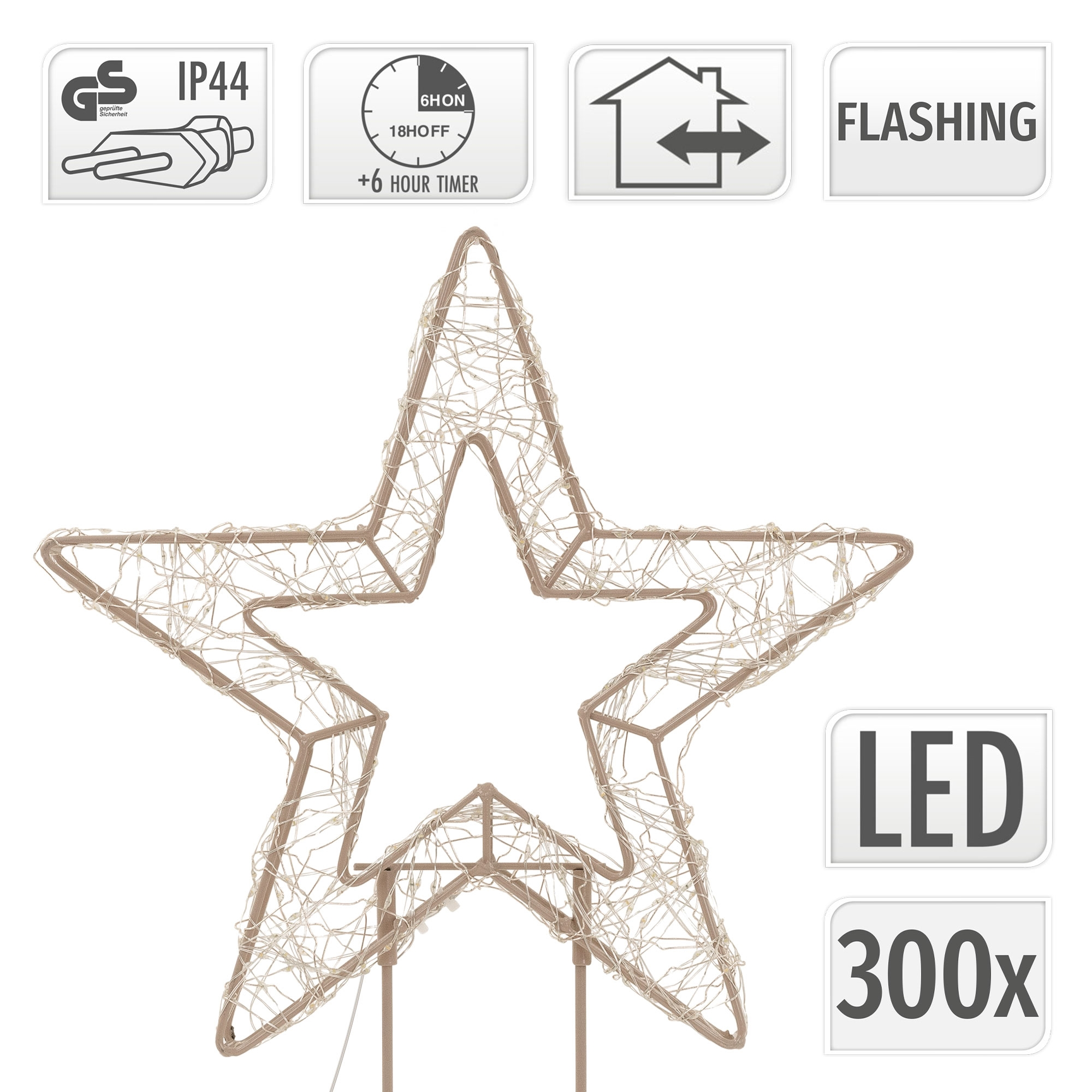 Ein LED-Weihnachtsstern mit 300 Lichtern und Symbolen für Timer, IP44 und Blinken.