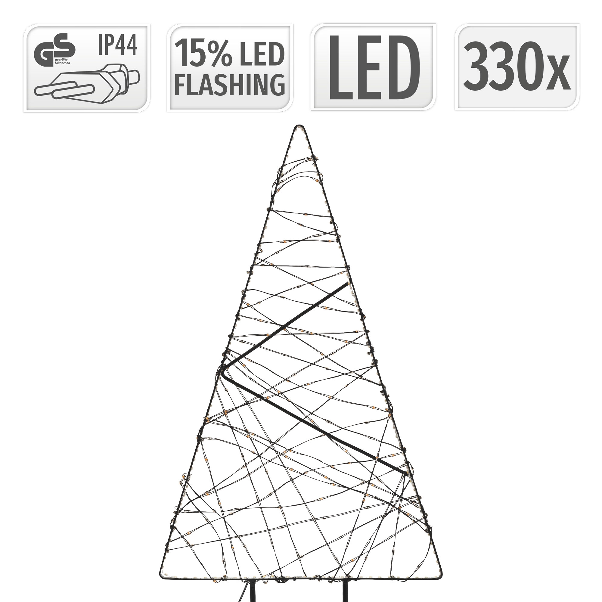 Kegelförmiger Weihnachtsbaum aus Metall mit 330 LEDs, IP44, auf weißem Grund.