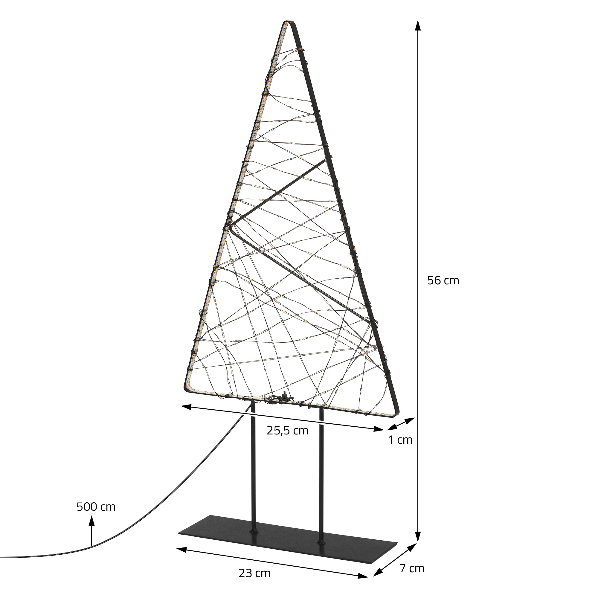 Technische Zeichnung einer dreieckigen LED-Weihnachtsbaum-Leuchte mit Maßangaben auf weißem Hintergrund.