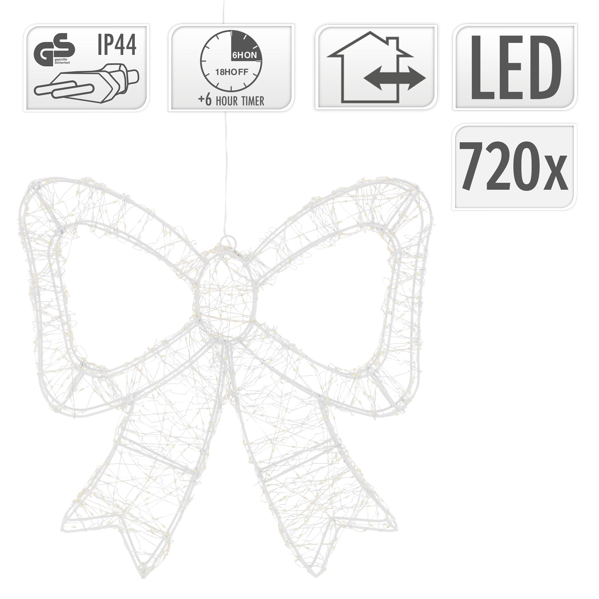 Eine weiße LED-Schleife mit IP44 und Timer, umgeben von Produktsymbolen.