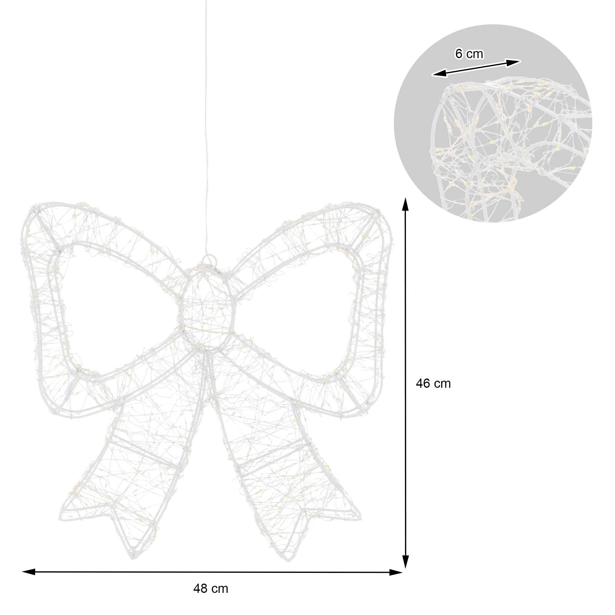 Beleuchtete weiße Deko-Schleife mit Maßangaben von 48 cm Breite, 46 cm Höhe und 6 cm Tiefe.