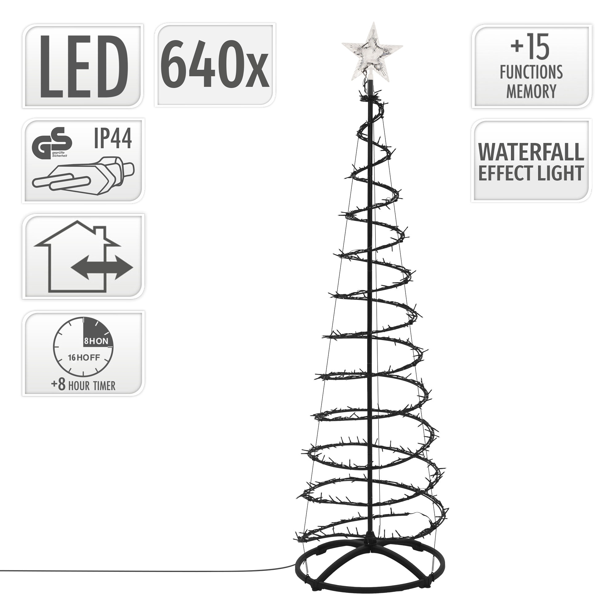 Ein spiralförmiger LED-Weihnachtsbaum mit Sternspitze und Funktionssymbolen vor weißem Hintergrund.