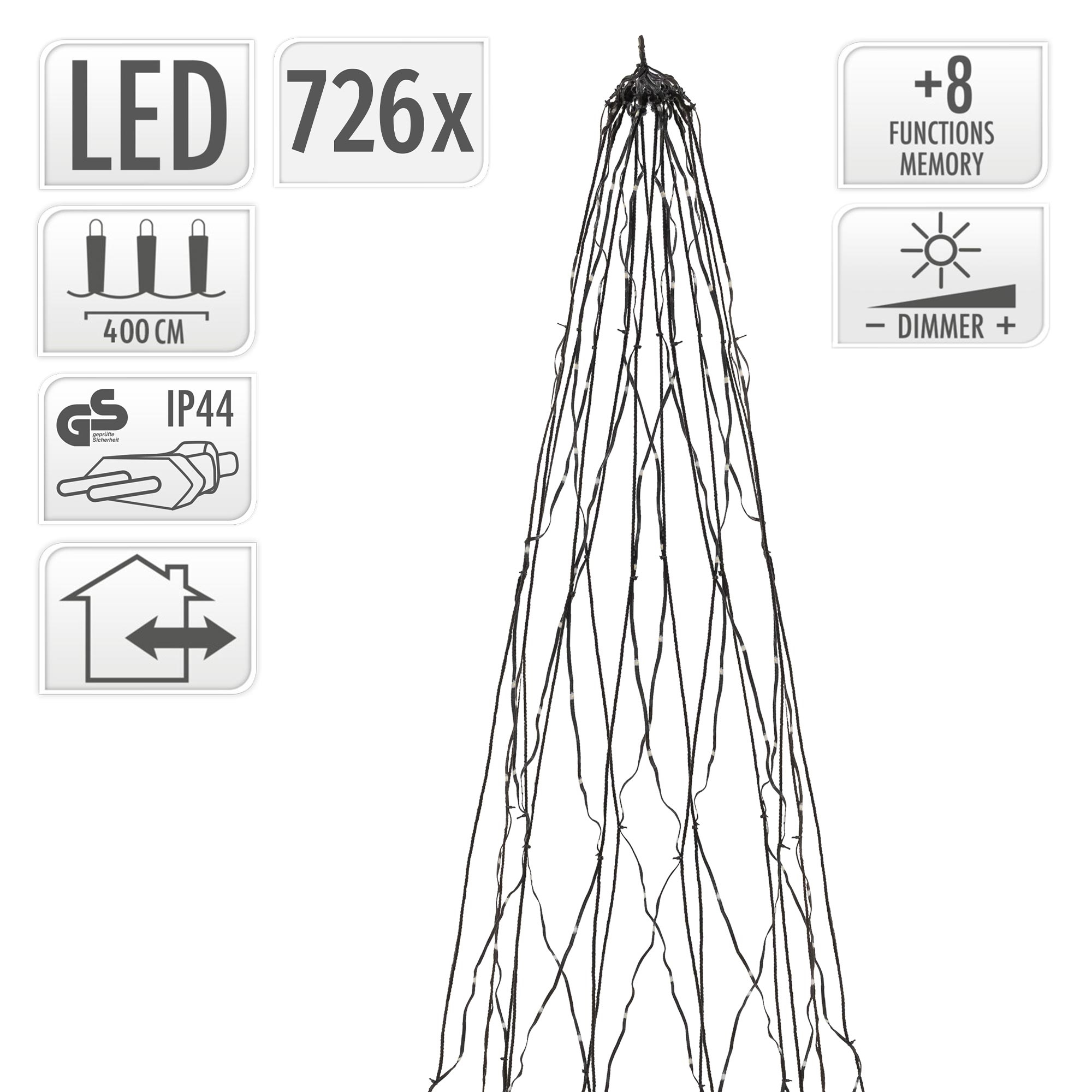 LED-Lichterkette mit 726 Lichtern, 400 cm lang, Dimmer und 8 Funktionen für den Innen- und Außenbereich.