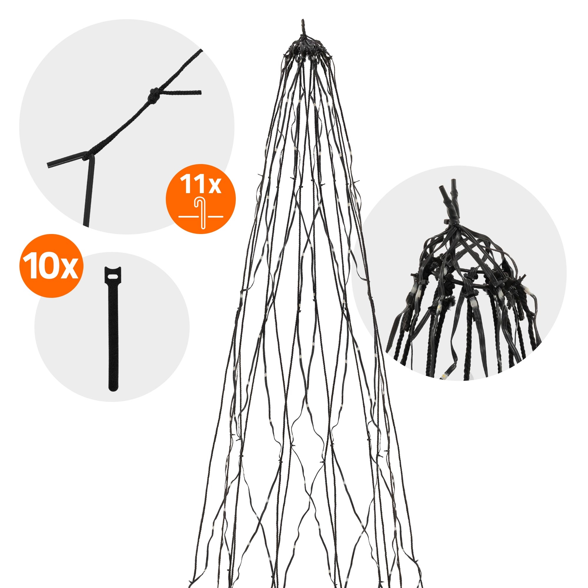 Lichterbaum-Stränge mit Aufhängung, zehn Kabelbindern und elf Haken auf weißem Hintergrund.