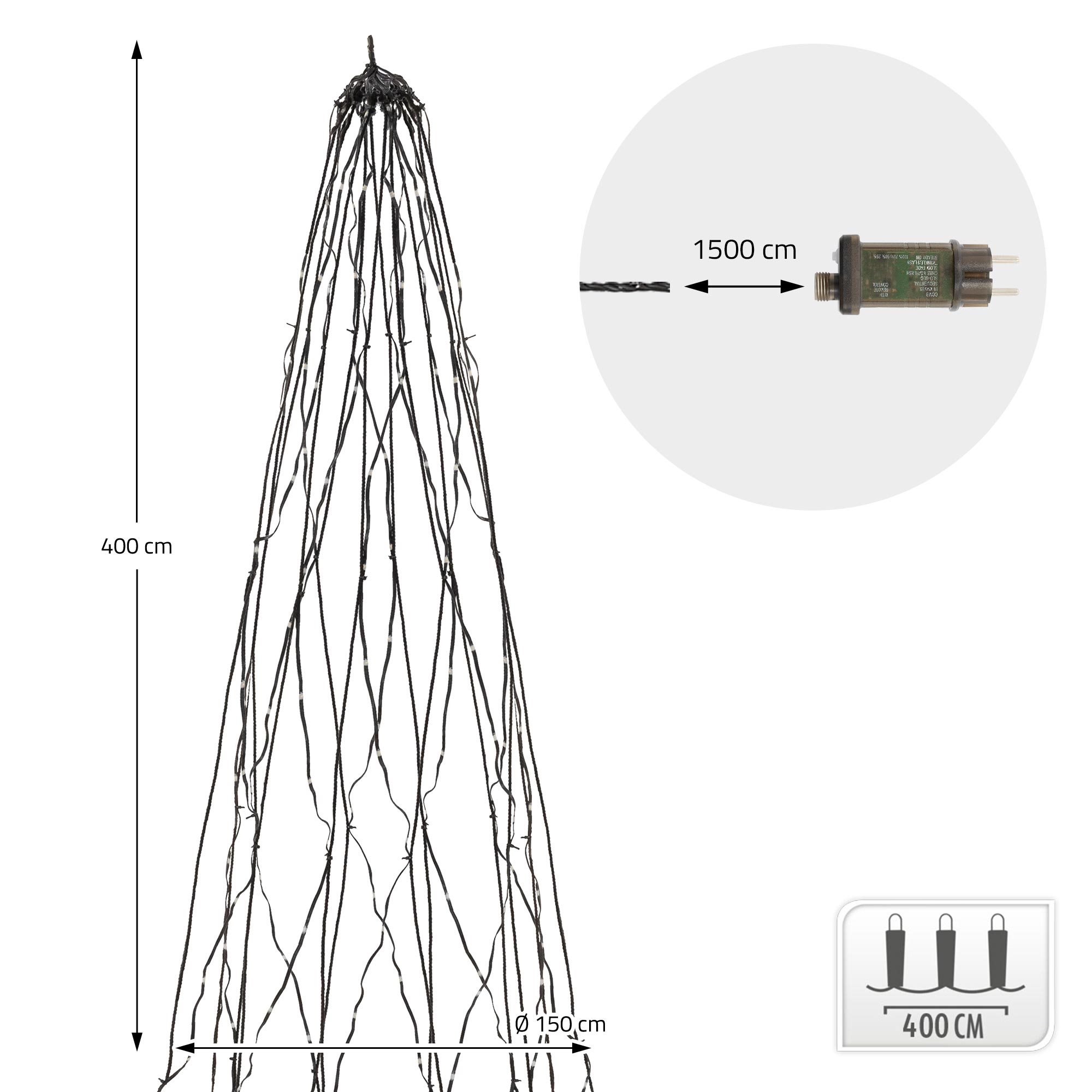 Diagramm eines 400 cm hohen und 150 cm breiten Lichterbaums mit 1500 cm Zuleitung.