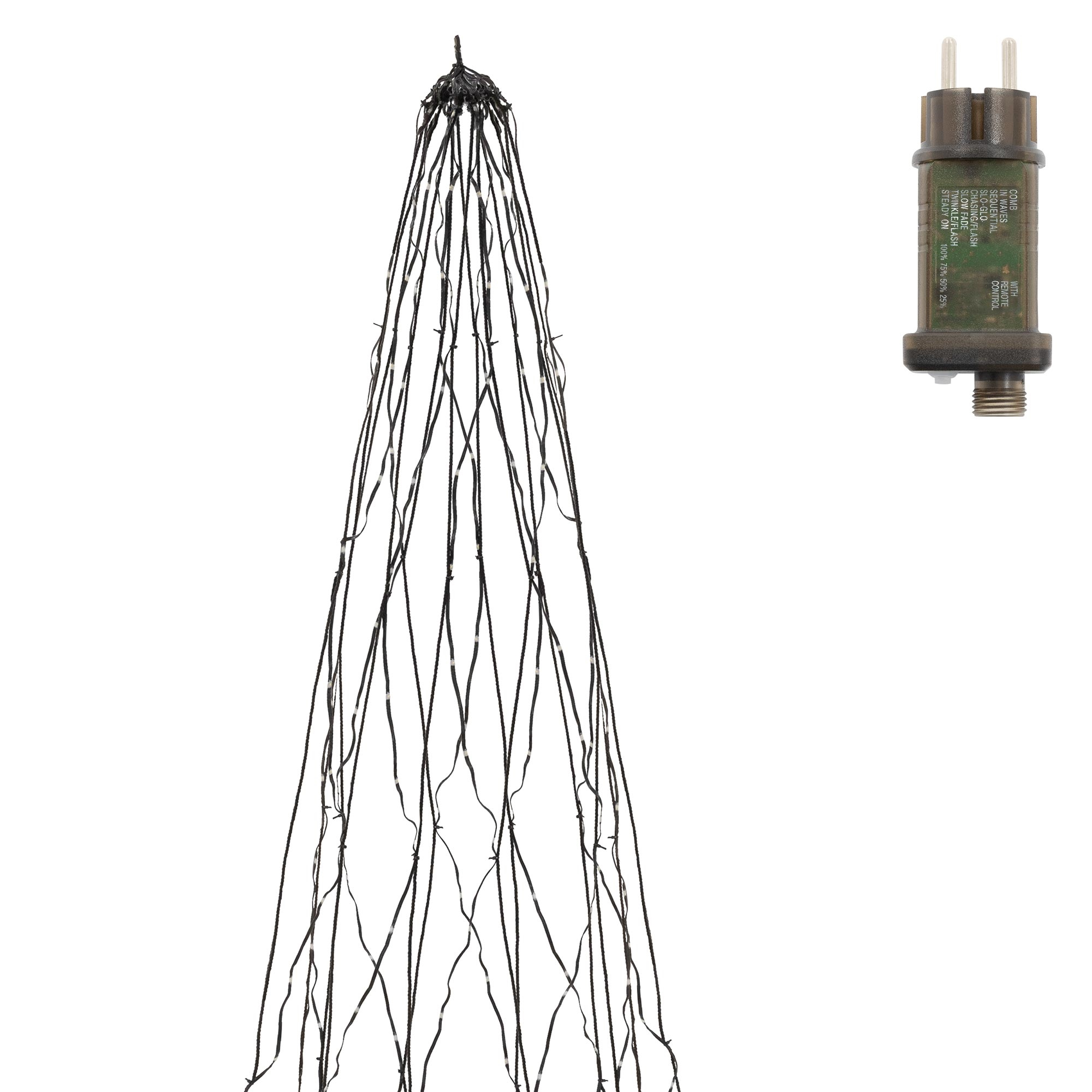 Eine Lichterkette mit einem oberen Ring, hängenden schwarzen Drähten mit kleinen LEDs und einem Stecker.