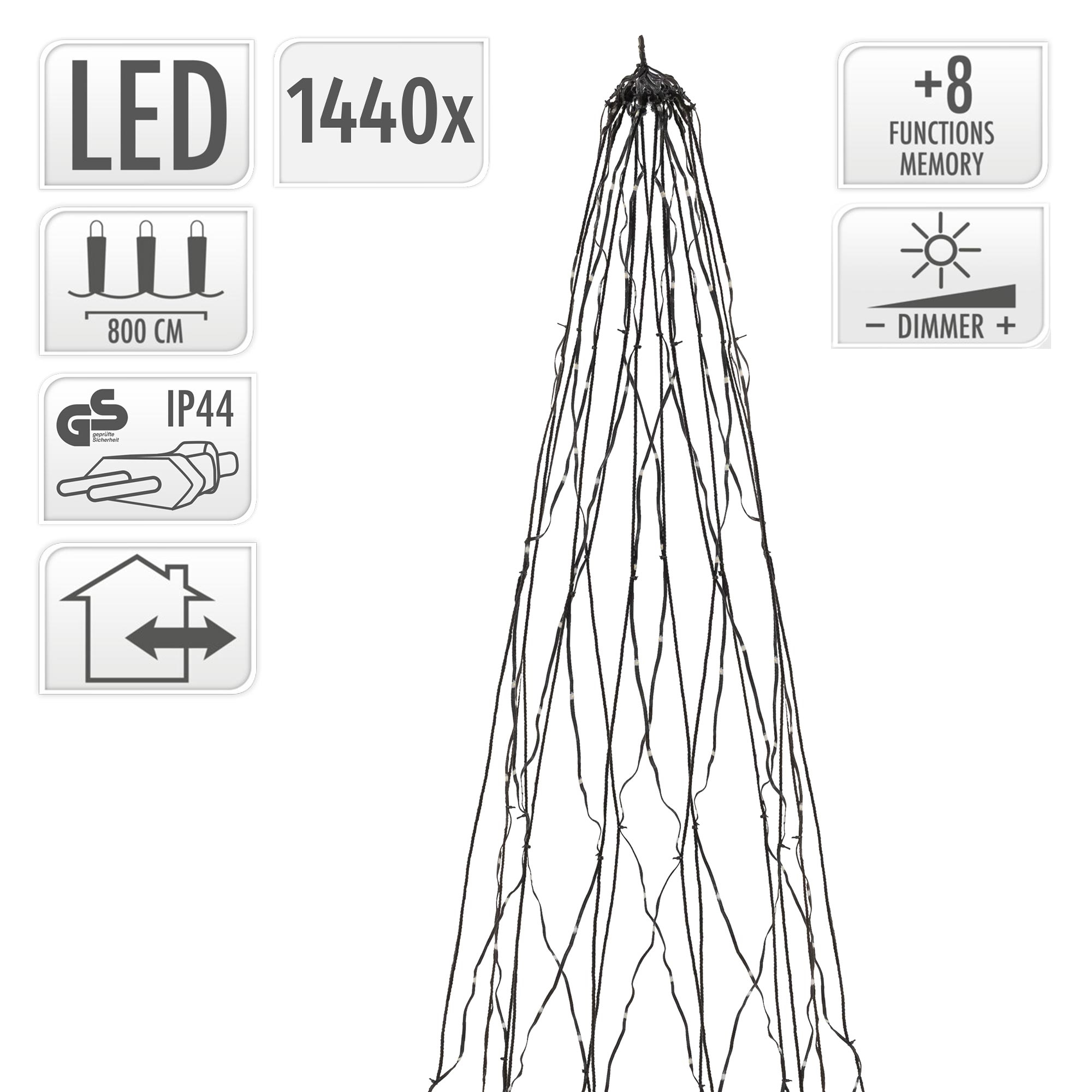 LED-Lichterbaum mit 1440 Lichtern, 8 Funktionen, Dimmer und IP44 für den Innen- und Außenbereich.