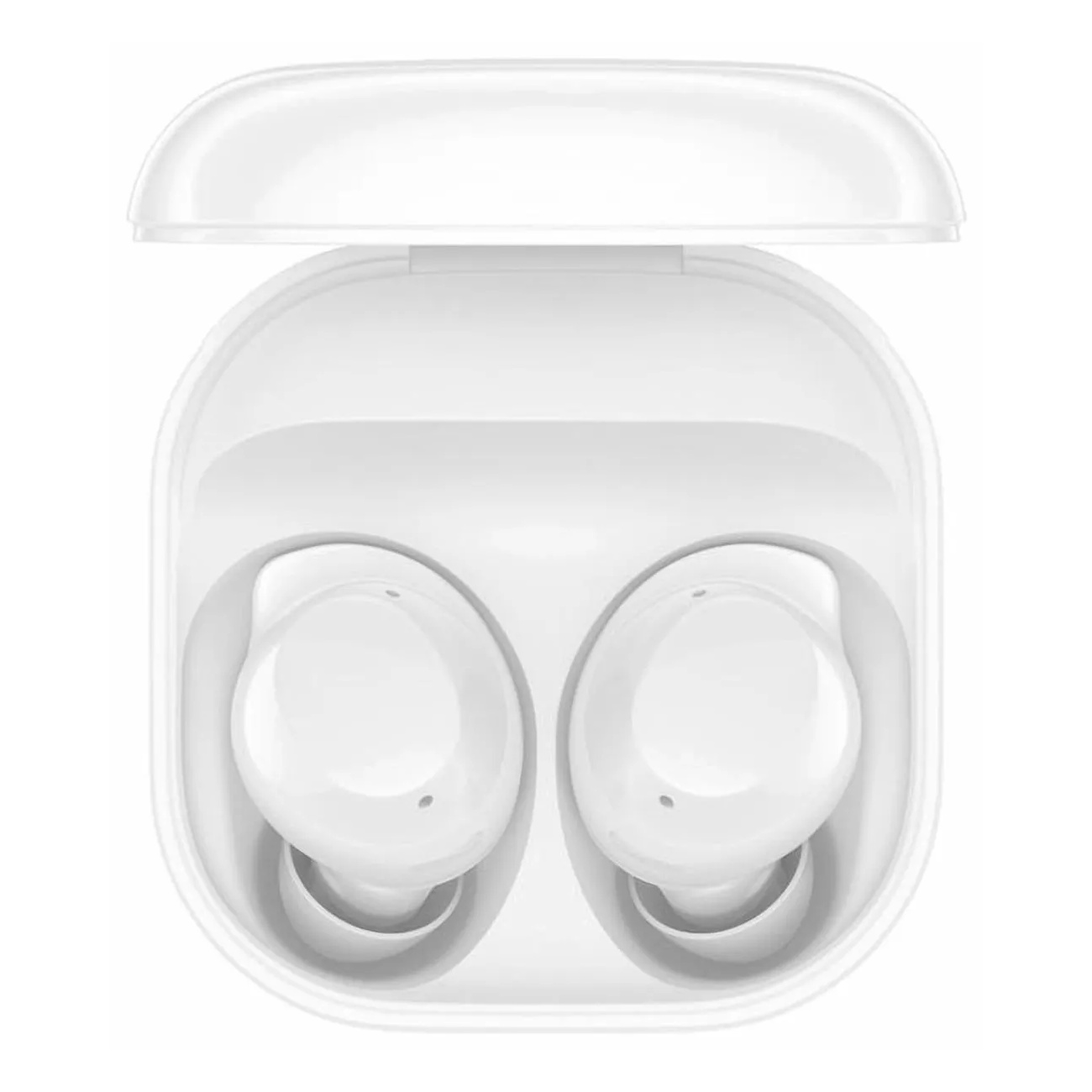 Weiße drahtlose In-Ear-Kopfhörer in einer offenen Ladebox auf weißem Grund.