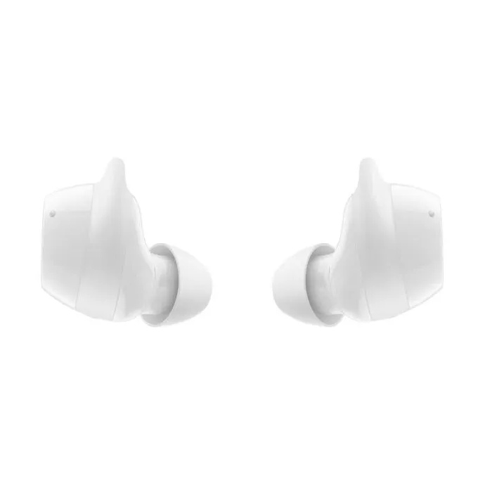 Zwei weiße kabellose In-Ear-Kopfhörer auf weißem Hintergrund.