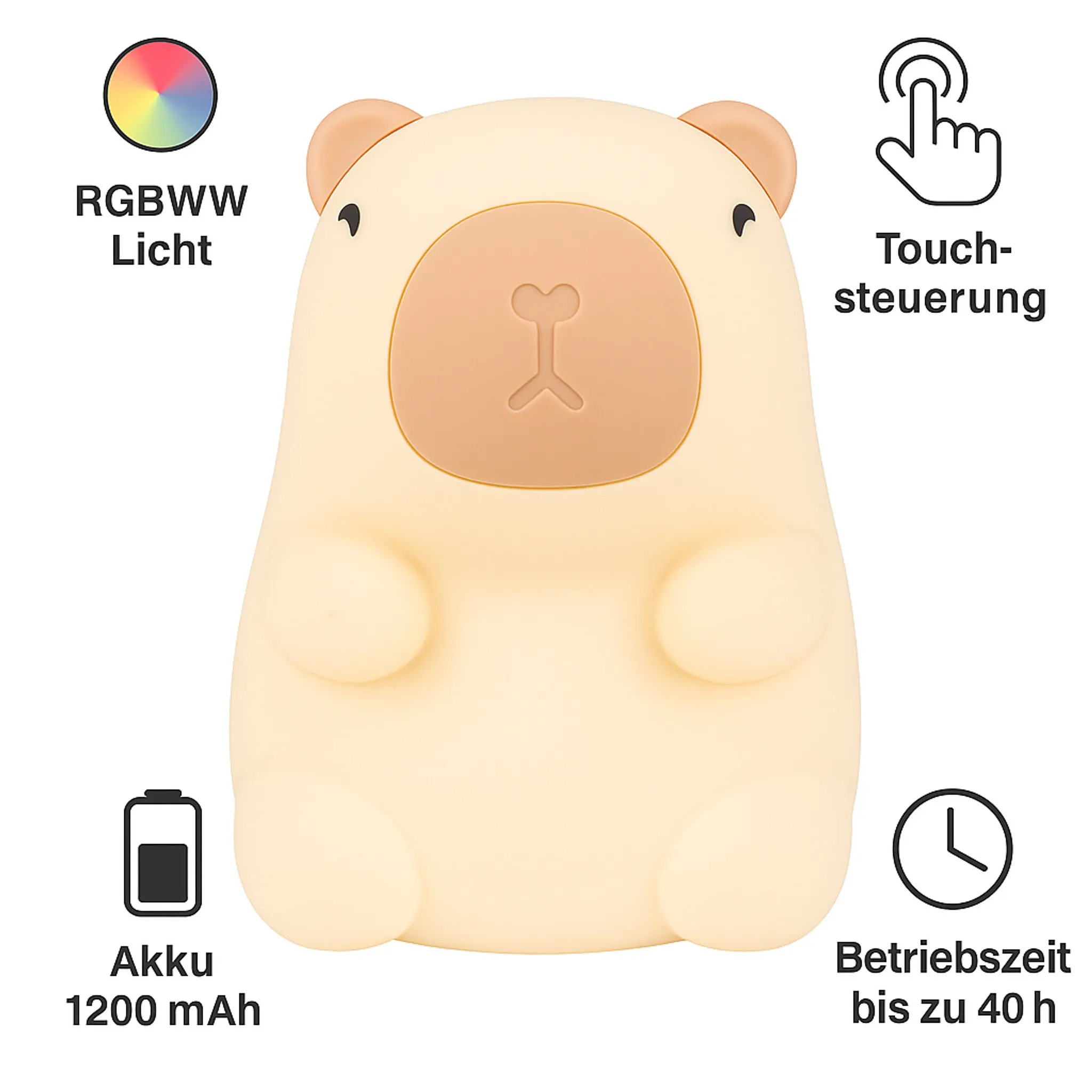 Ein beiges Kapibara-Nachtlicht, umgeben von Symbolen für RGB-Licht, Touch-Steuerung, 1200mAh Akku und 40h Laufzeit.
