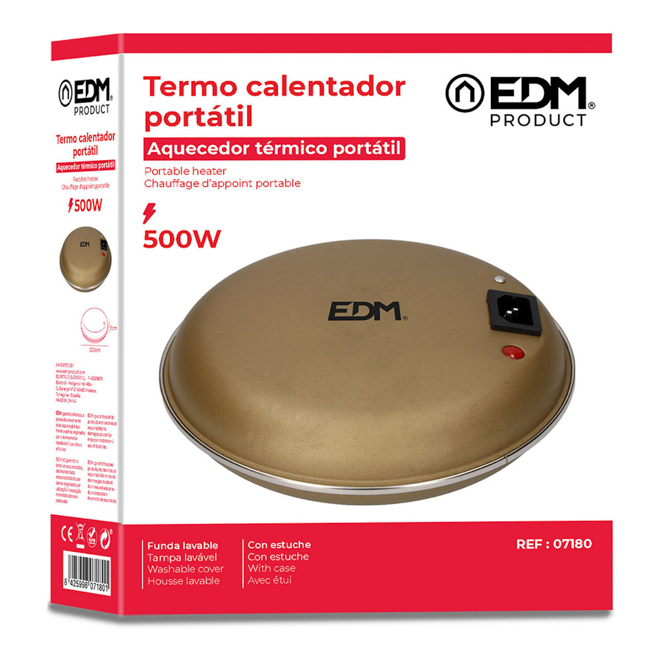 Verpackung für einen tragbaren 500W-Goldheizer der Marke EDM mit dem runden Gerät und Produktdetails.