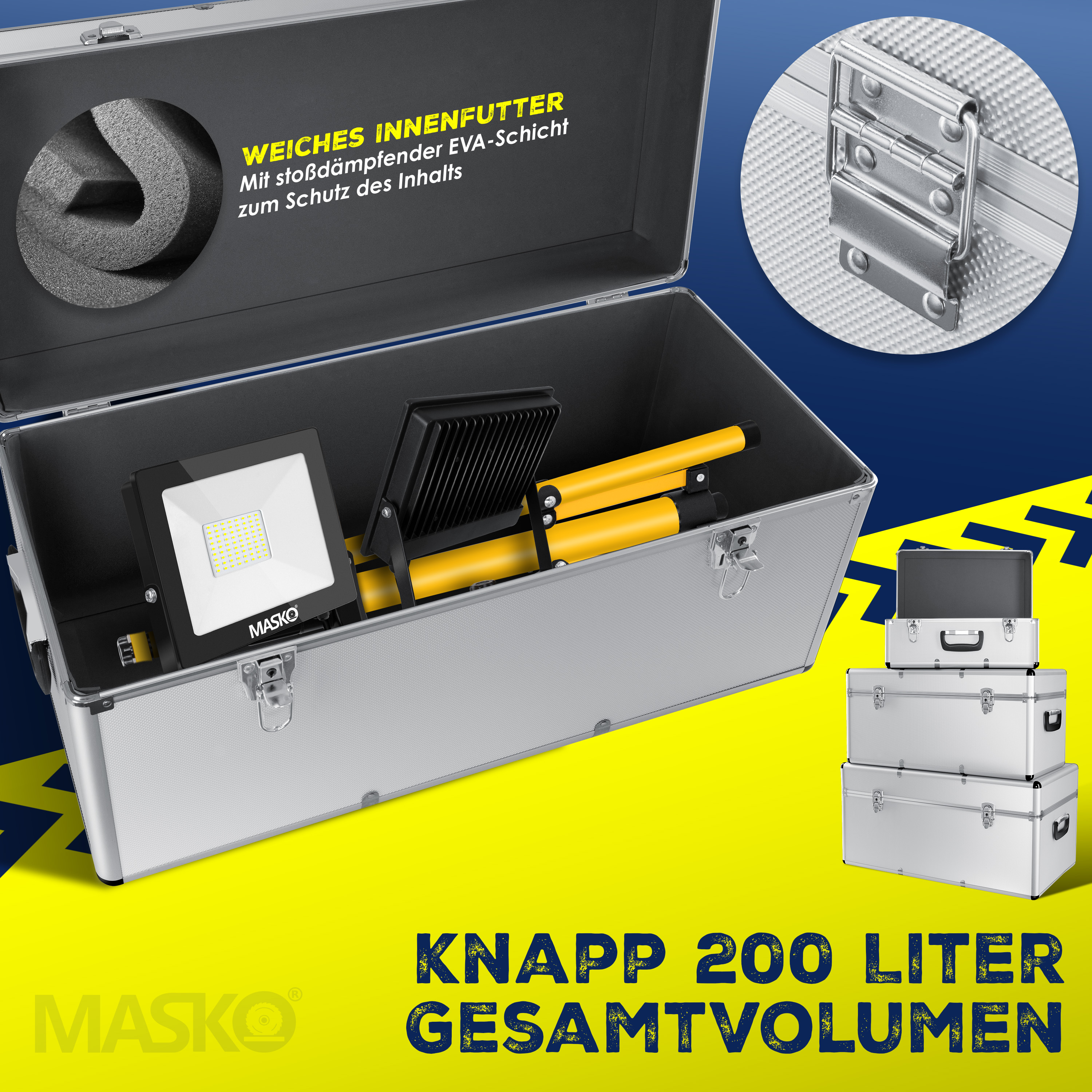 Silberner Masko Alukoffer mit LED-Baustrahlern, EVA-Schaumstoff und Metallverschlüssen.