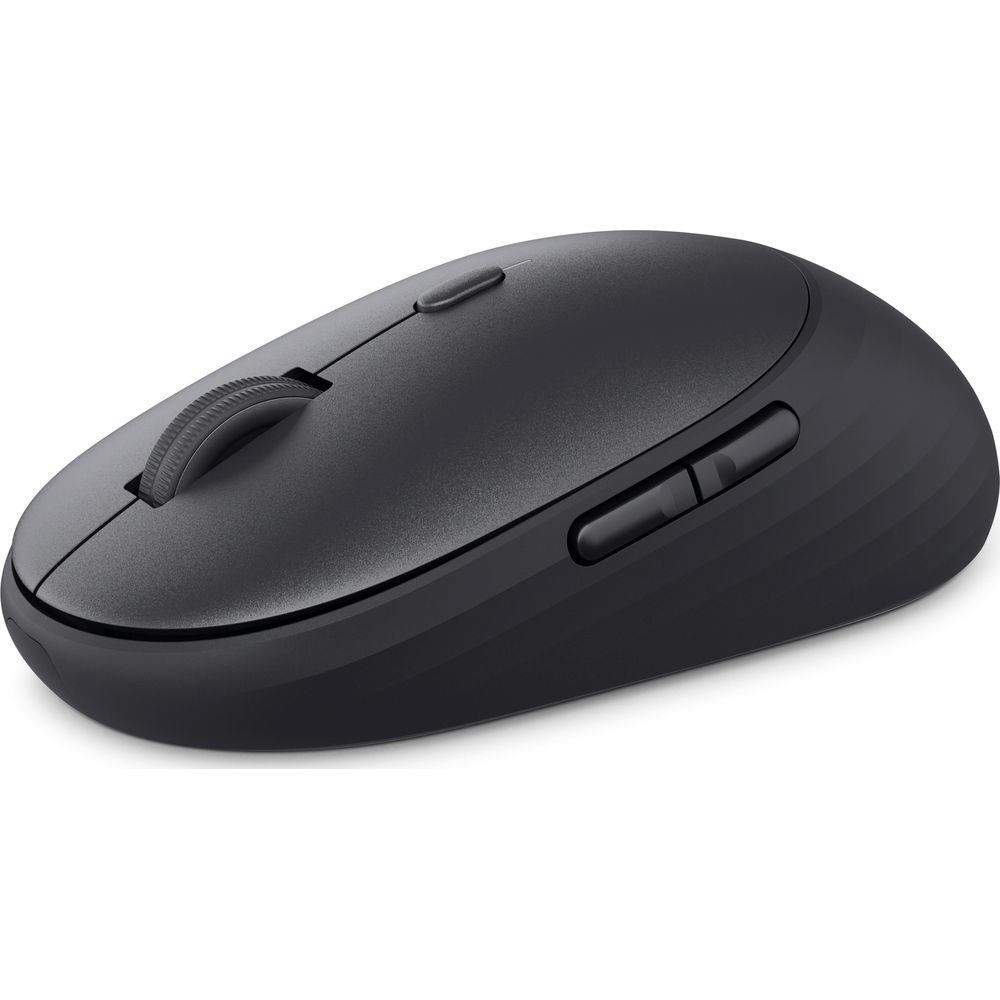 Un mouse per computer wireless nero con rotellina di scorrimento e pulsanti laterali su sfondo bianco.