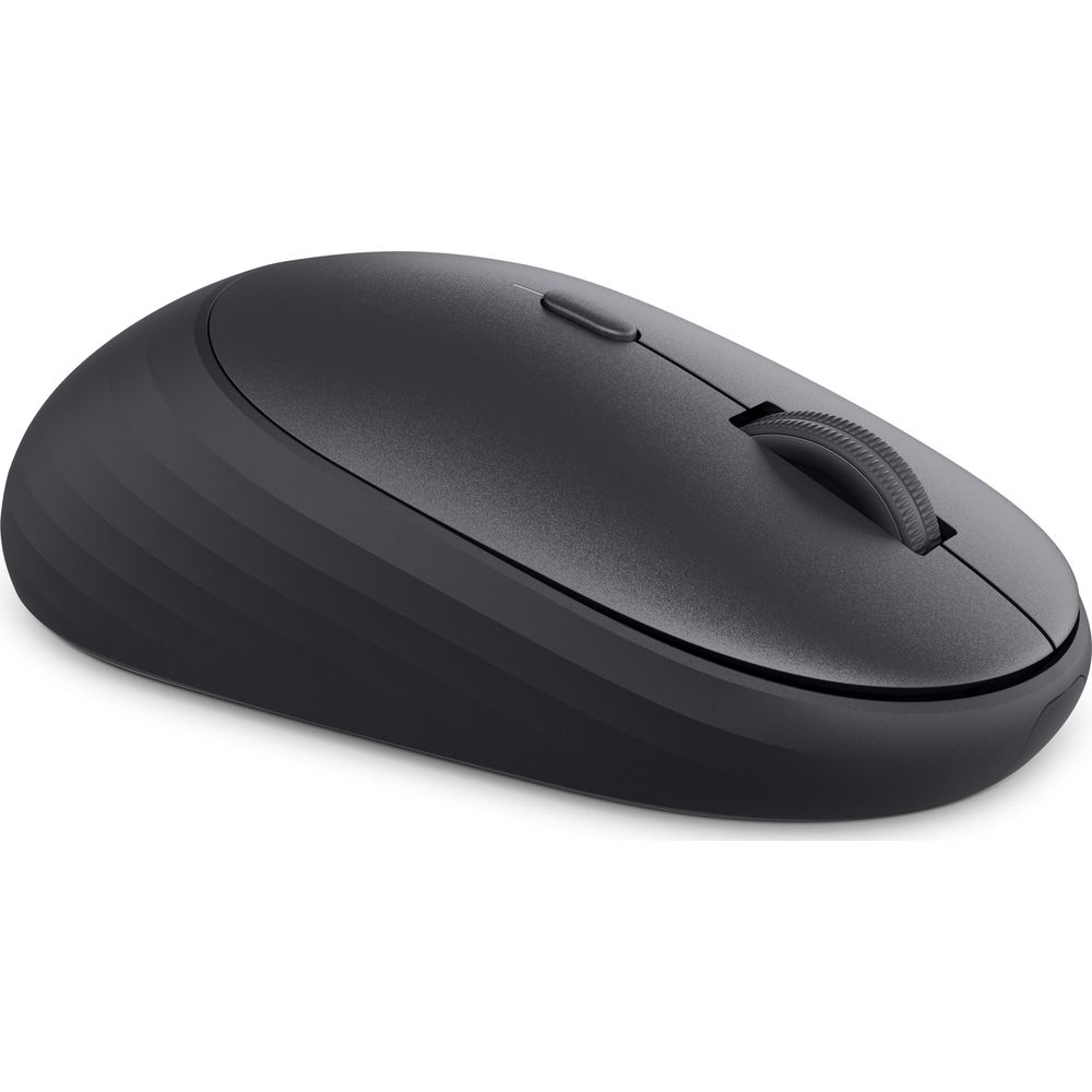 Un elegante mouse per computer wireless nero con rotella di scorrimento testurizzata su sfondo bianco.