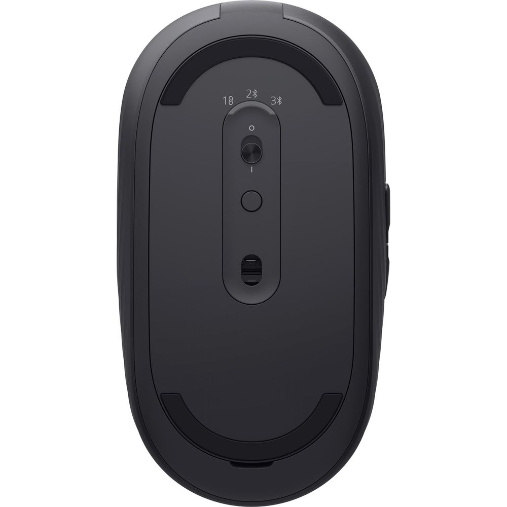 Lato inferiore di un mouse wireless nero con sensore, pulsante Bluetooth e cuscinetti.