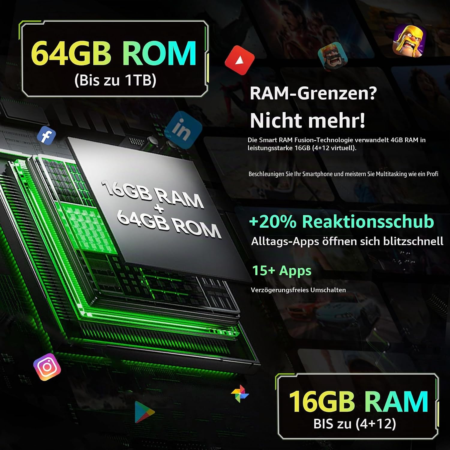 Smartphone-Marketingbild mit Details zu 16GB RAM und 64GB ROM auf grünem Leiterplattenhintergrund.