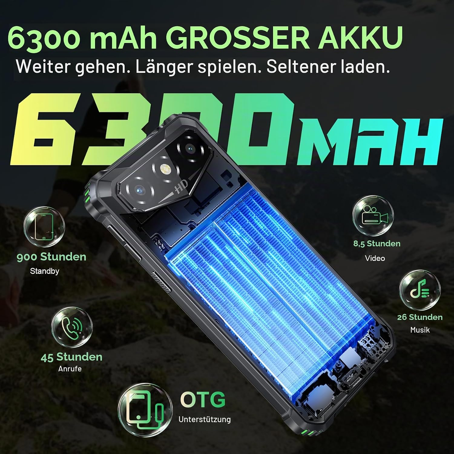 Smartphone mit großem 6300 mAh Akku, deutscher Werbung für Standby, Video, Musik und OTG.