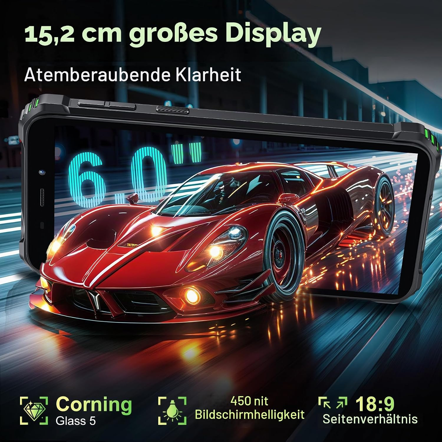 Ein robustes Smartphone zeigt einen roten Sportwagen auf nasser Strecke mit deutschem Text.
